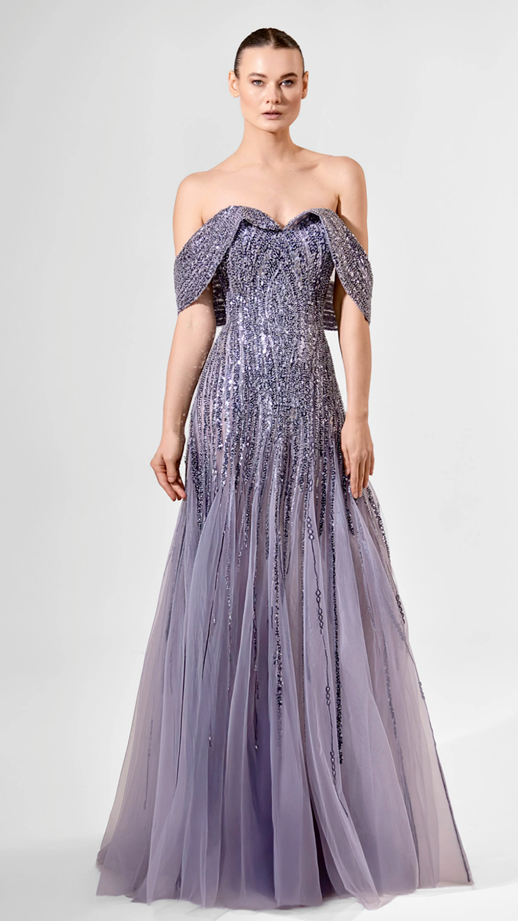 Off-Shoulder Gown with Embroidered Tulle | 988