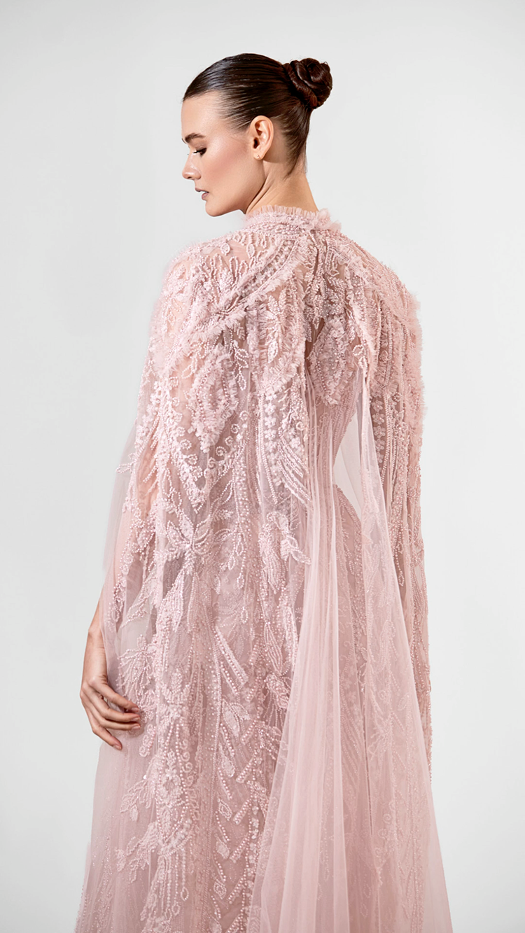 Embroidered Tulle Gown with Cape – Bilal El Dana