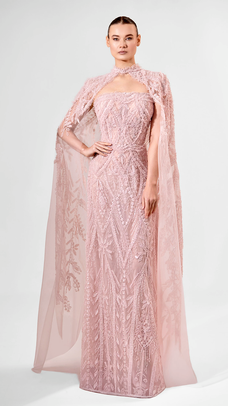 Embroidered Tulle Gown with Cape – Bilal El Dana