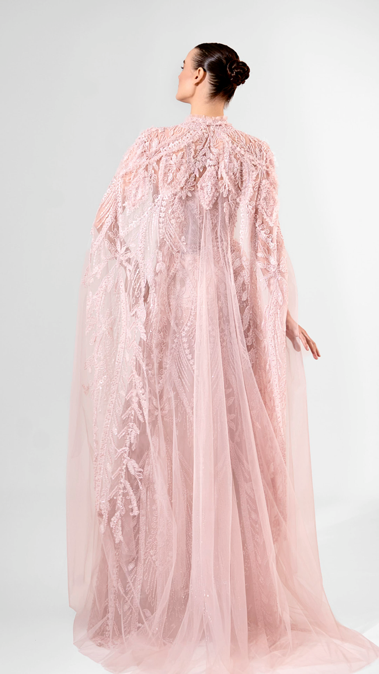 Strapless Fully Embroidered Tulle Gown with Cape | 991