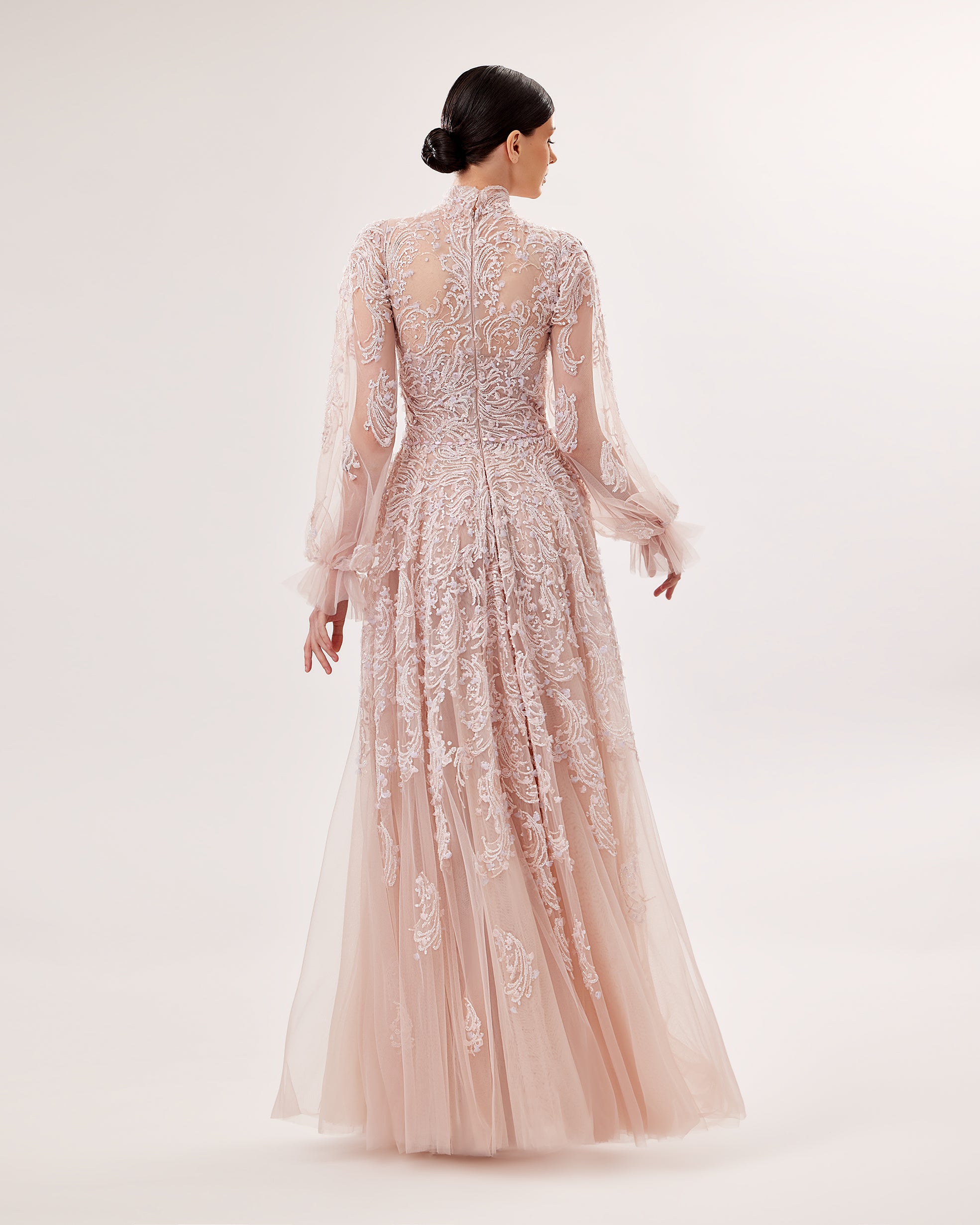 Tulle High-Neck Embroidered Gown
