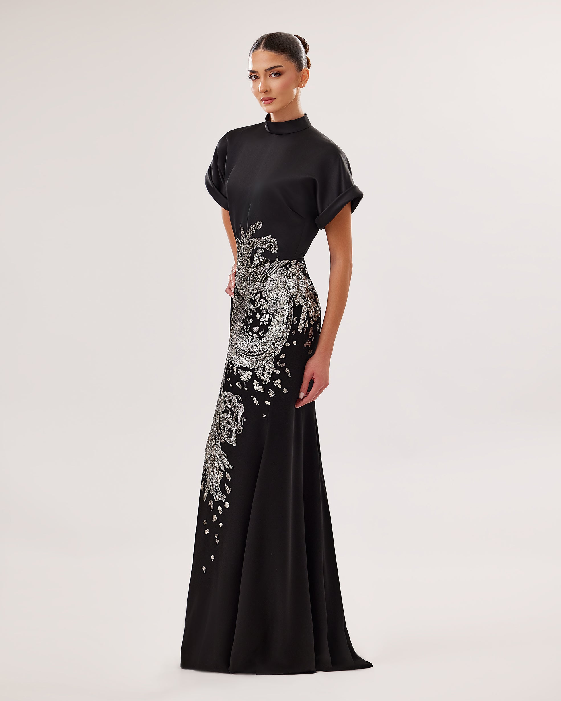 High-Neck Mermaid Gown with Sequin Embroidery