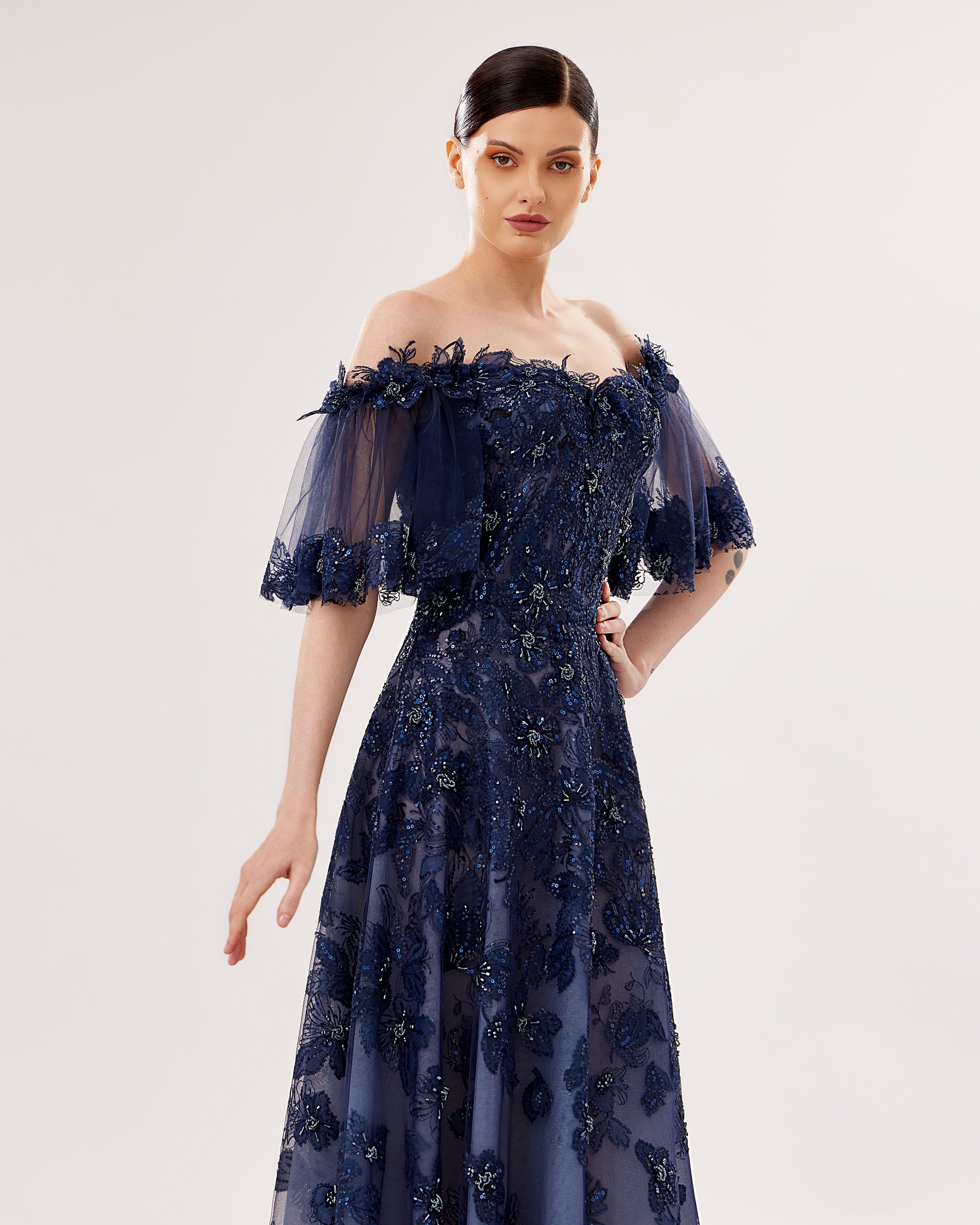 Off-Shoulder 3D Floral Tulle Gown