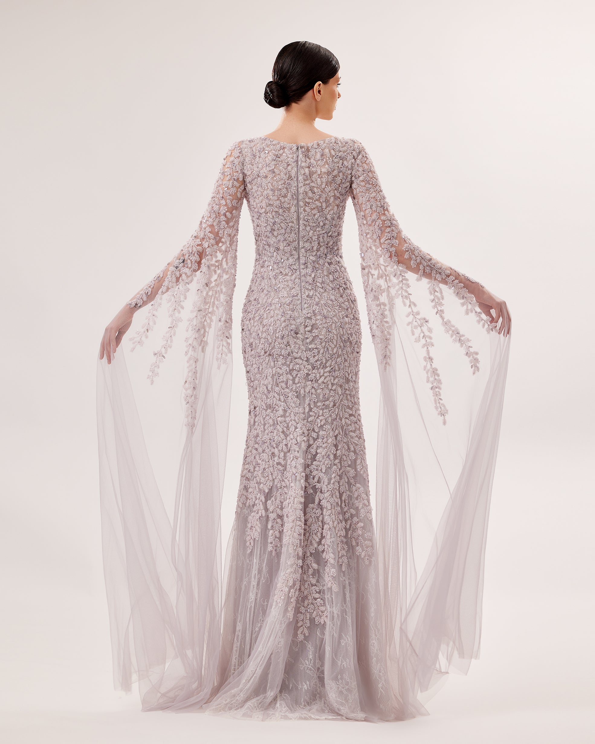 Embroidered Mermaid Gown with Cascading Sleeves