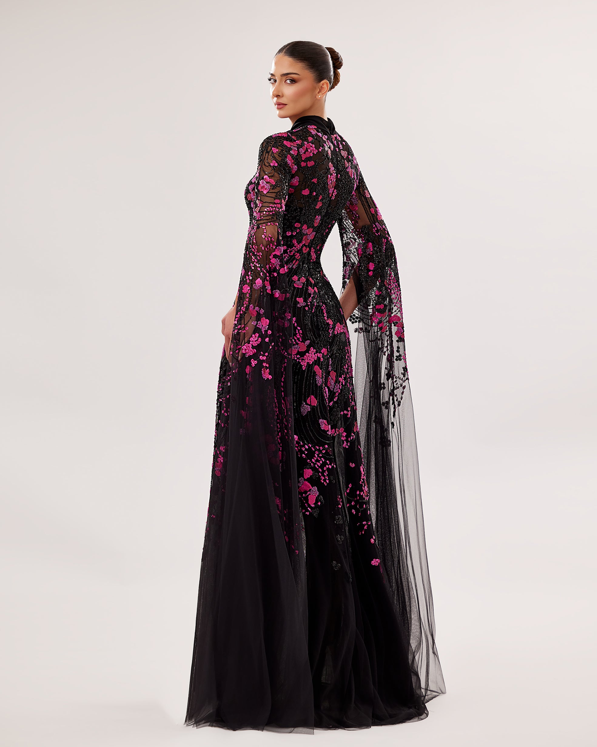 High-Neck Tulle A-Line Gown with Mousseline Detail
