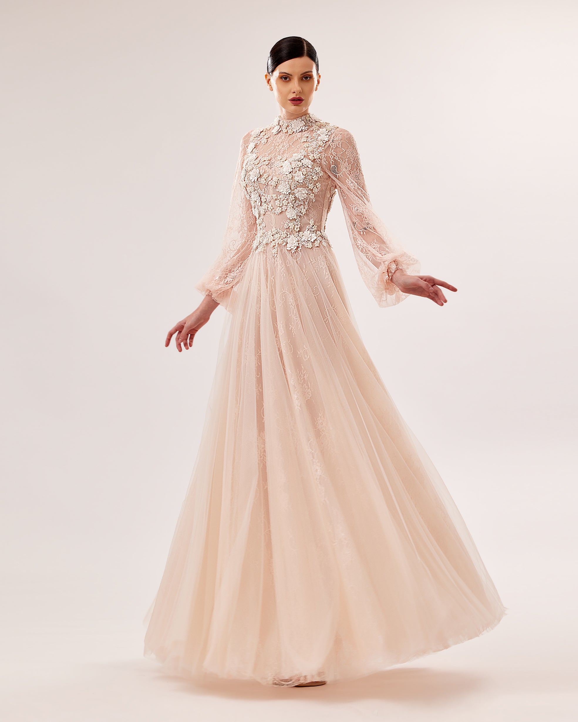 High-Neck Hand-Embroidered Lace-Under-Tulle Gown
