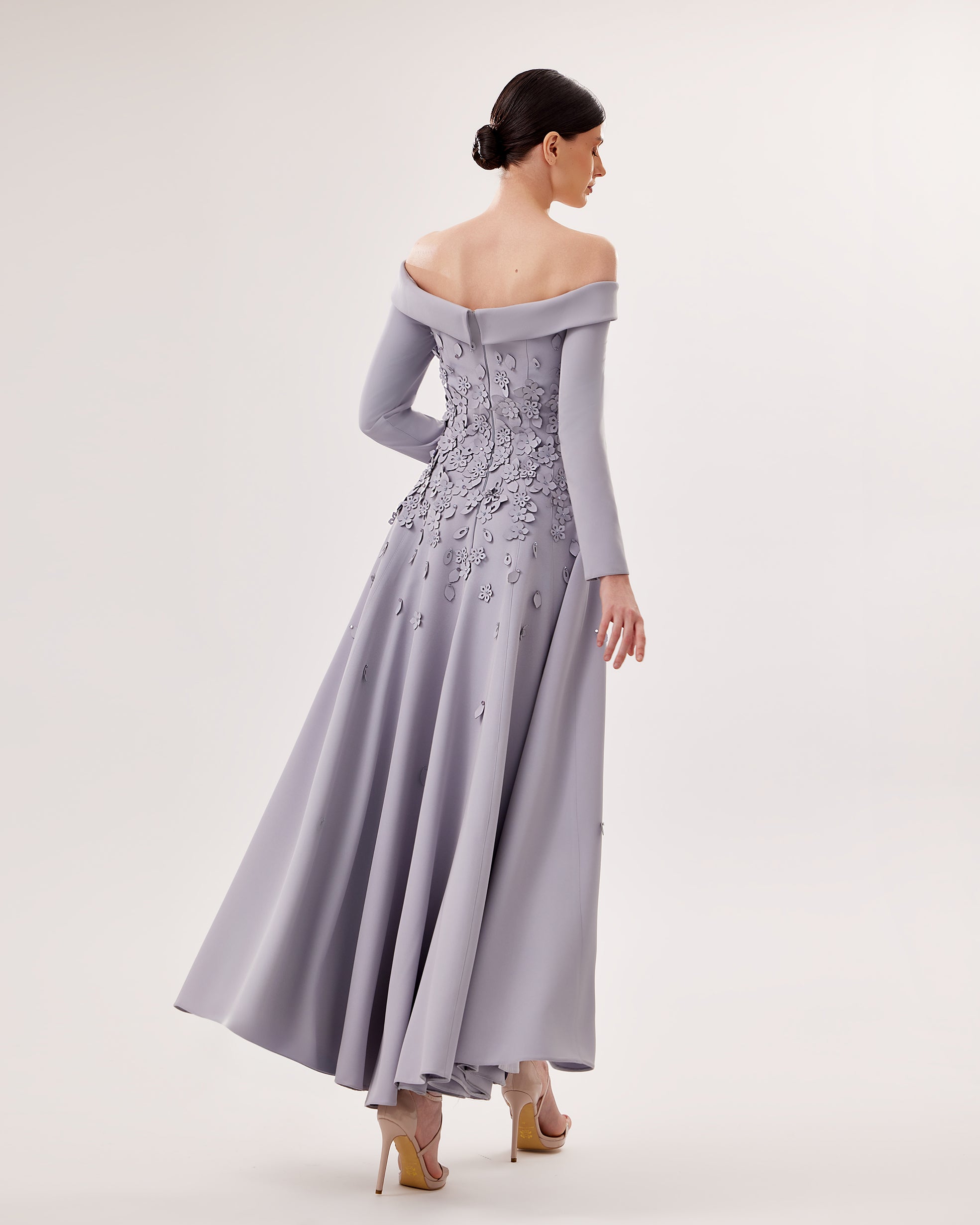 Off-Shoulder Crepe Midi Dress with 3D Florals