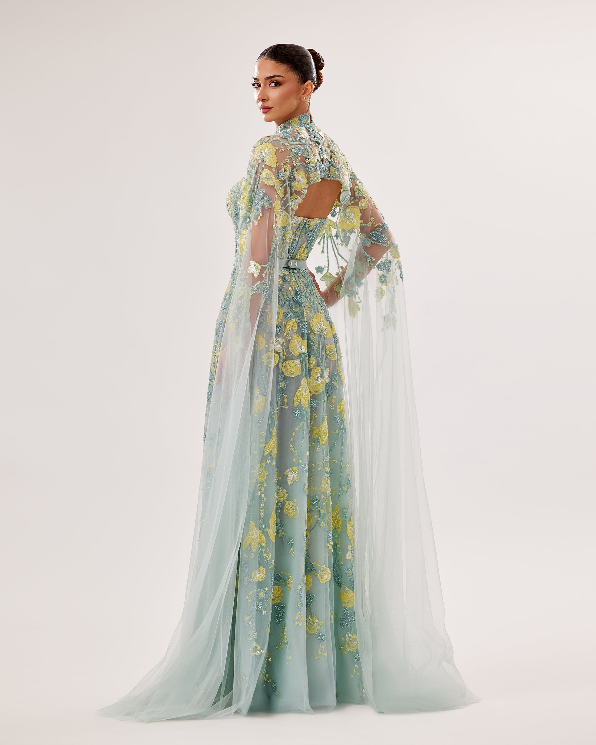Strapless Tulle Gown with Embroidered Cape