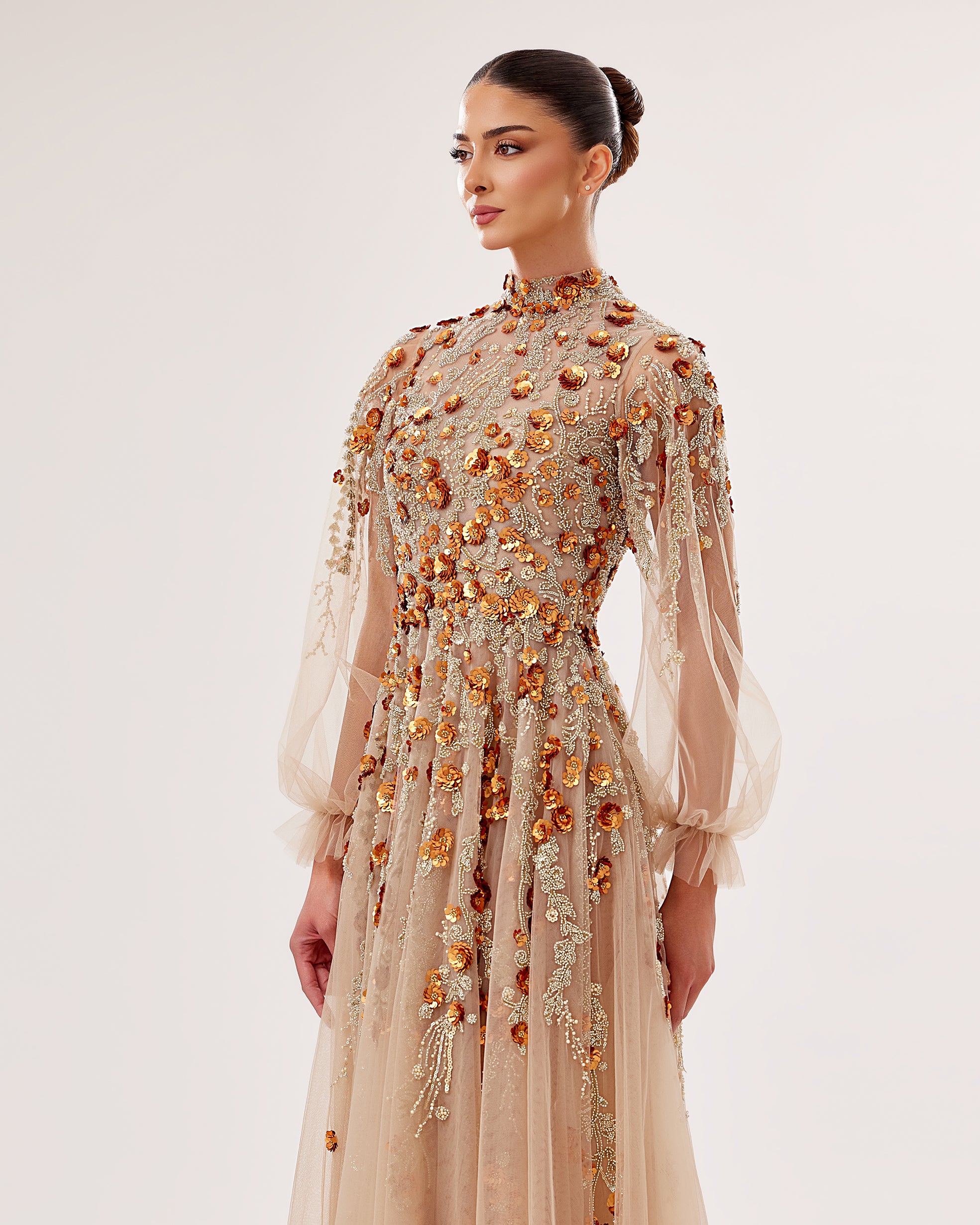 High-Neck Tulle Gown with 3D Floral Embroidery