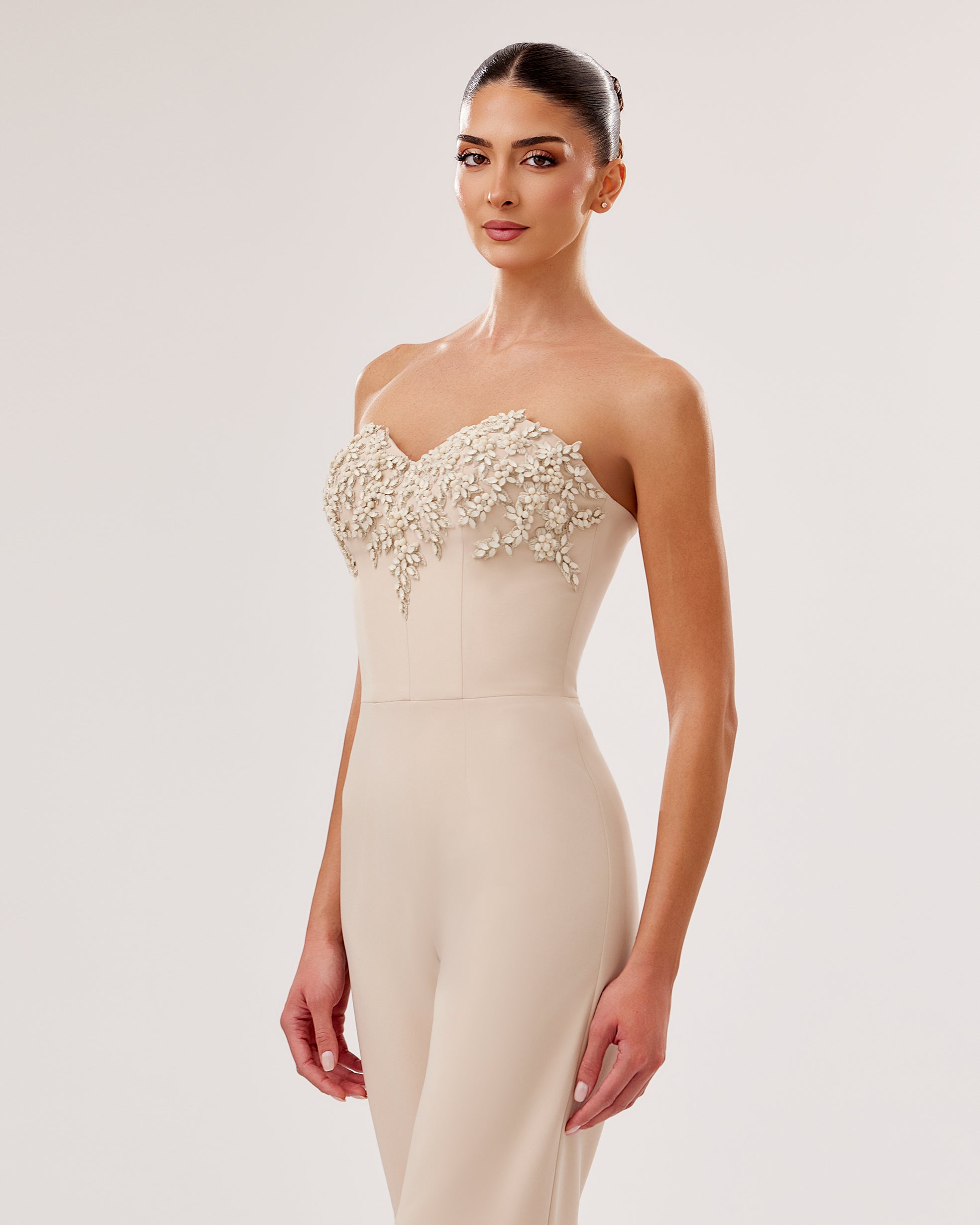 Crepe Jumpsuit with Embellished Sweetheart Bodice
