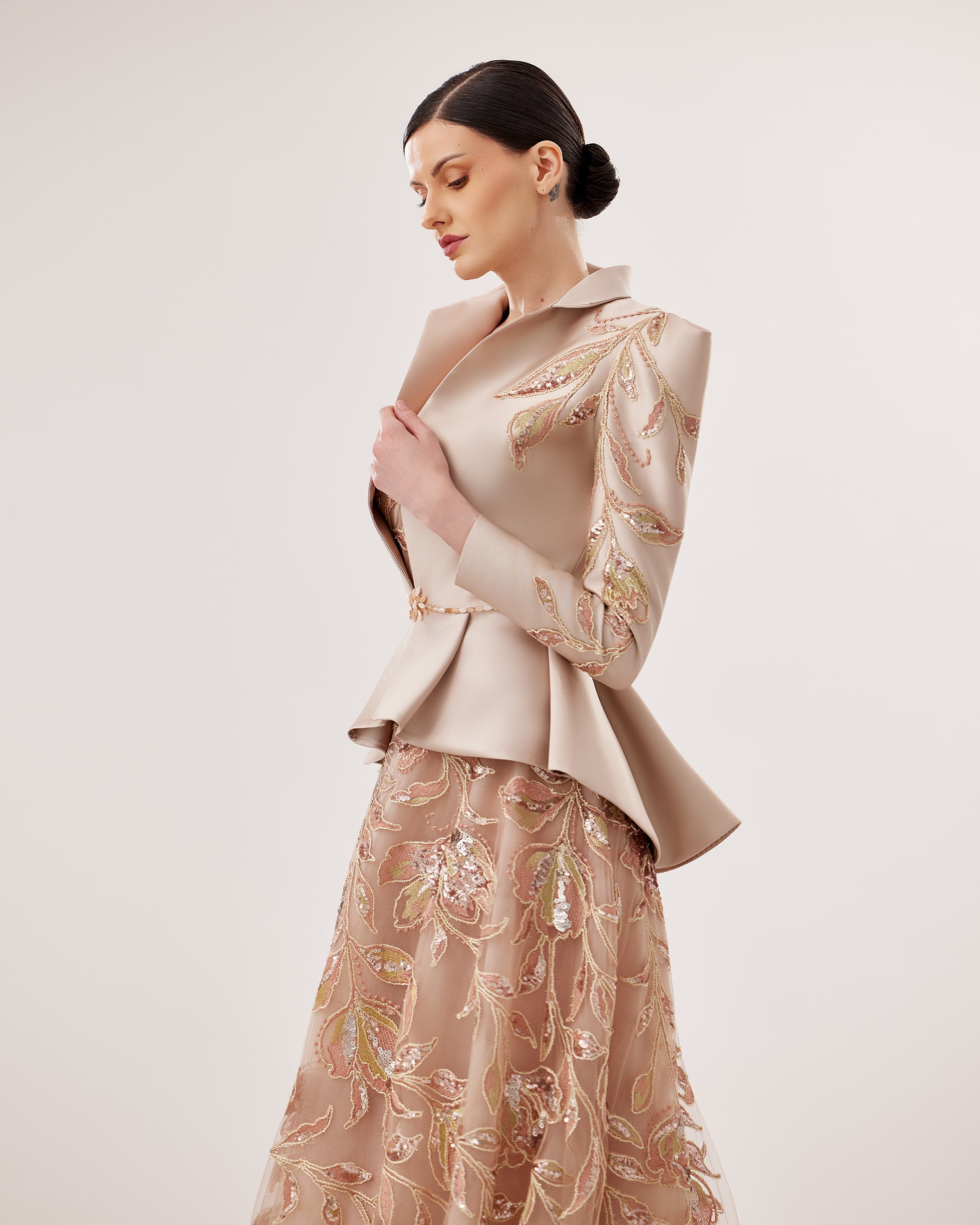 Embroidered Tulle Gown with Mikado Jacket & Crystal Belt