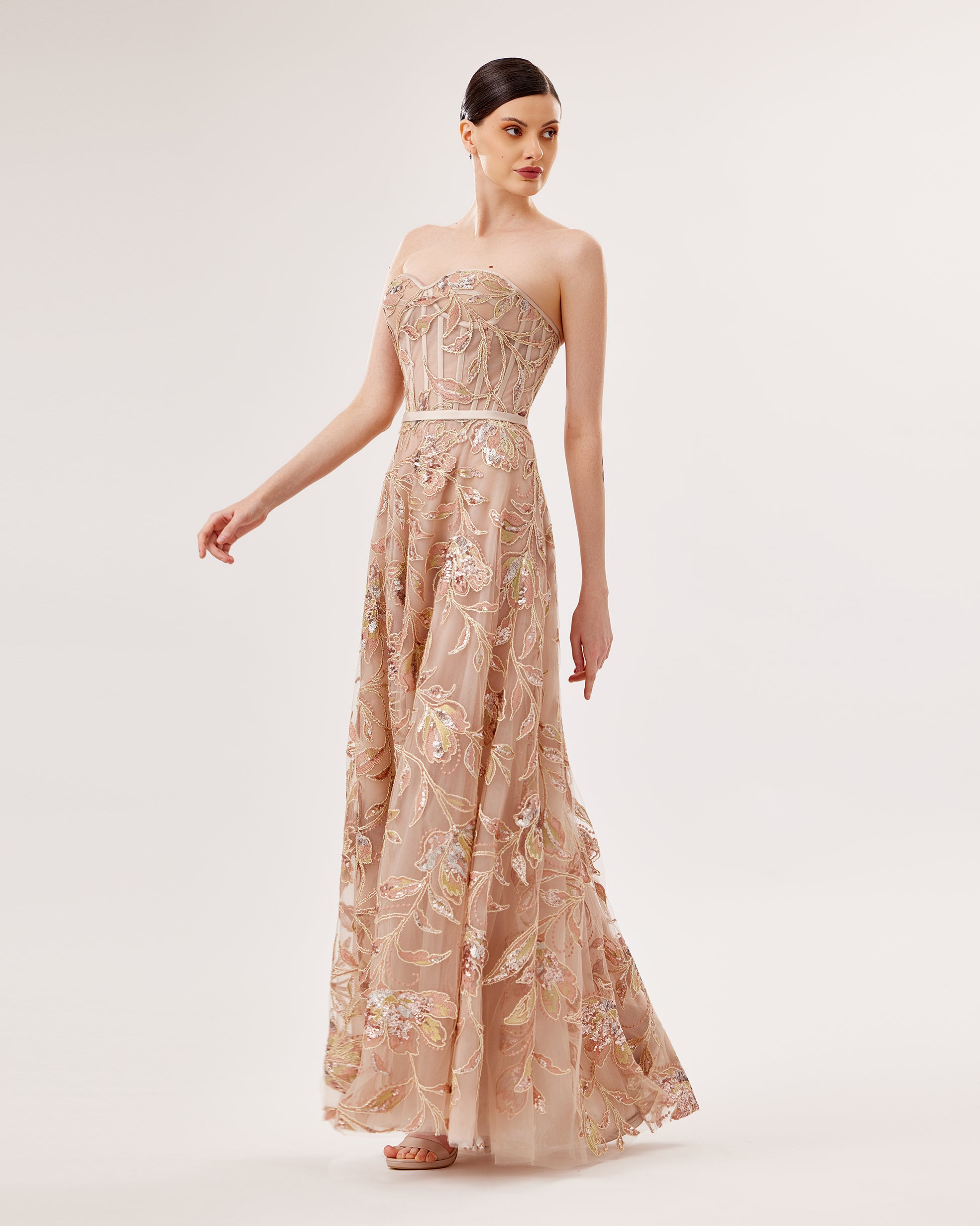 Embroidered Tulle Gown with Mikado Jacket & Crystal Belt