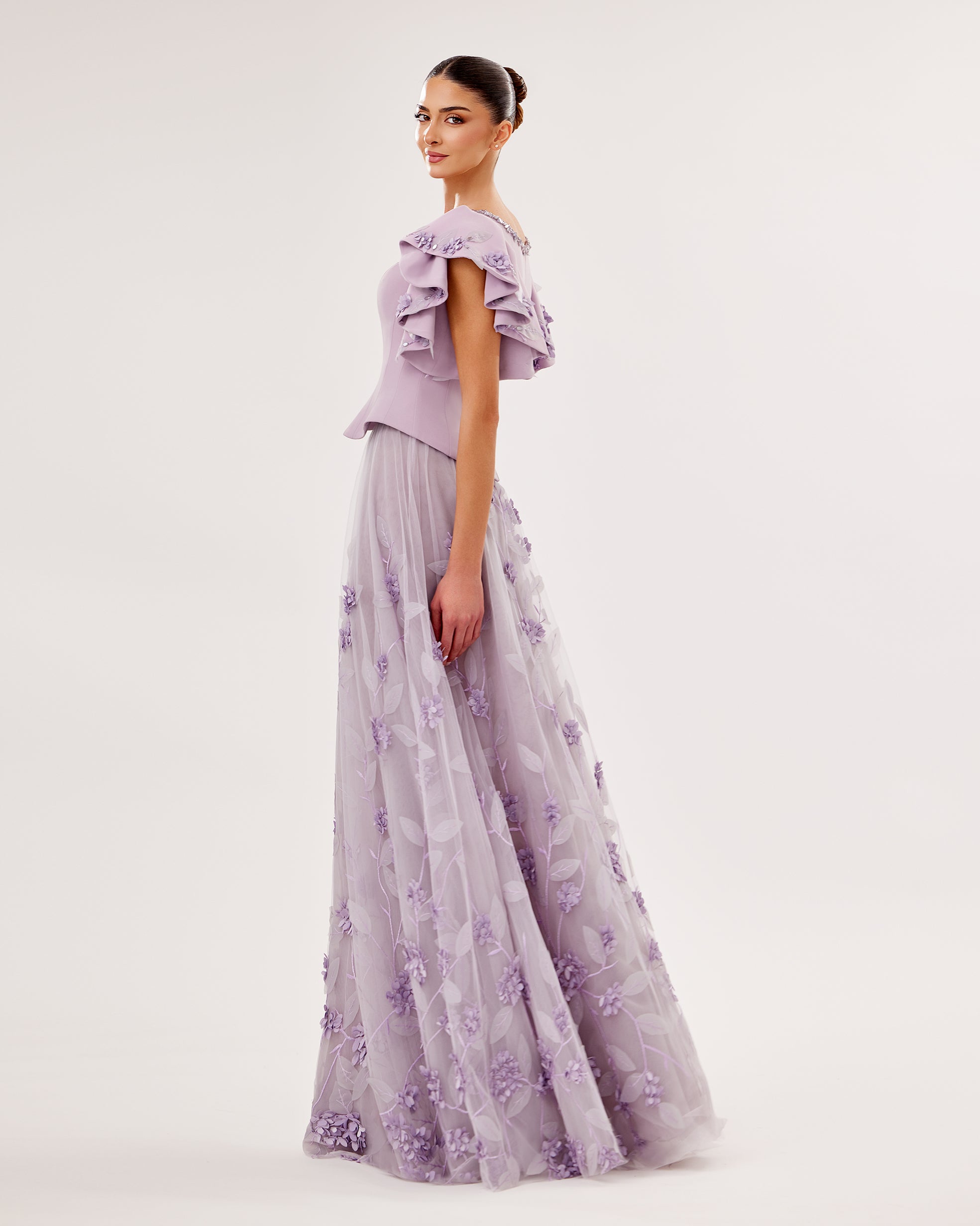 Embroidered Crepe & Tulle Set with 3D Floral Details