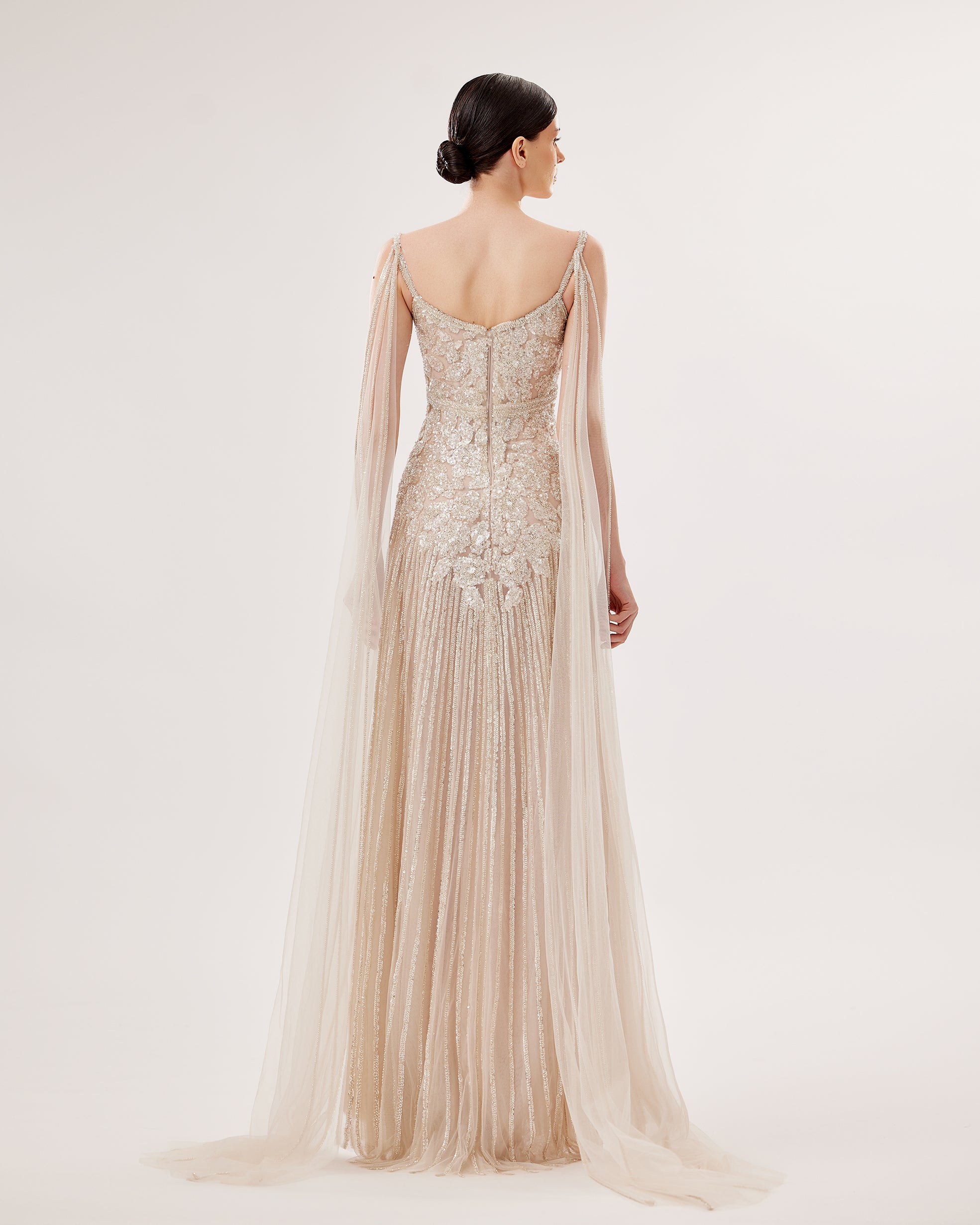 Tulle Sleeveless Gown with Flowing Shoulder Trail