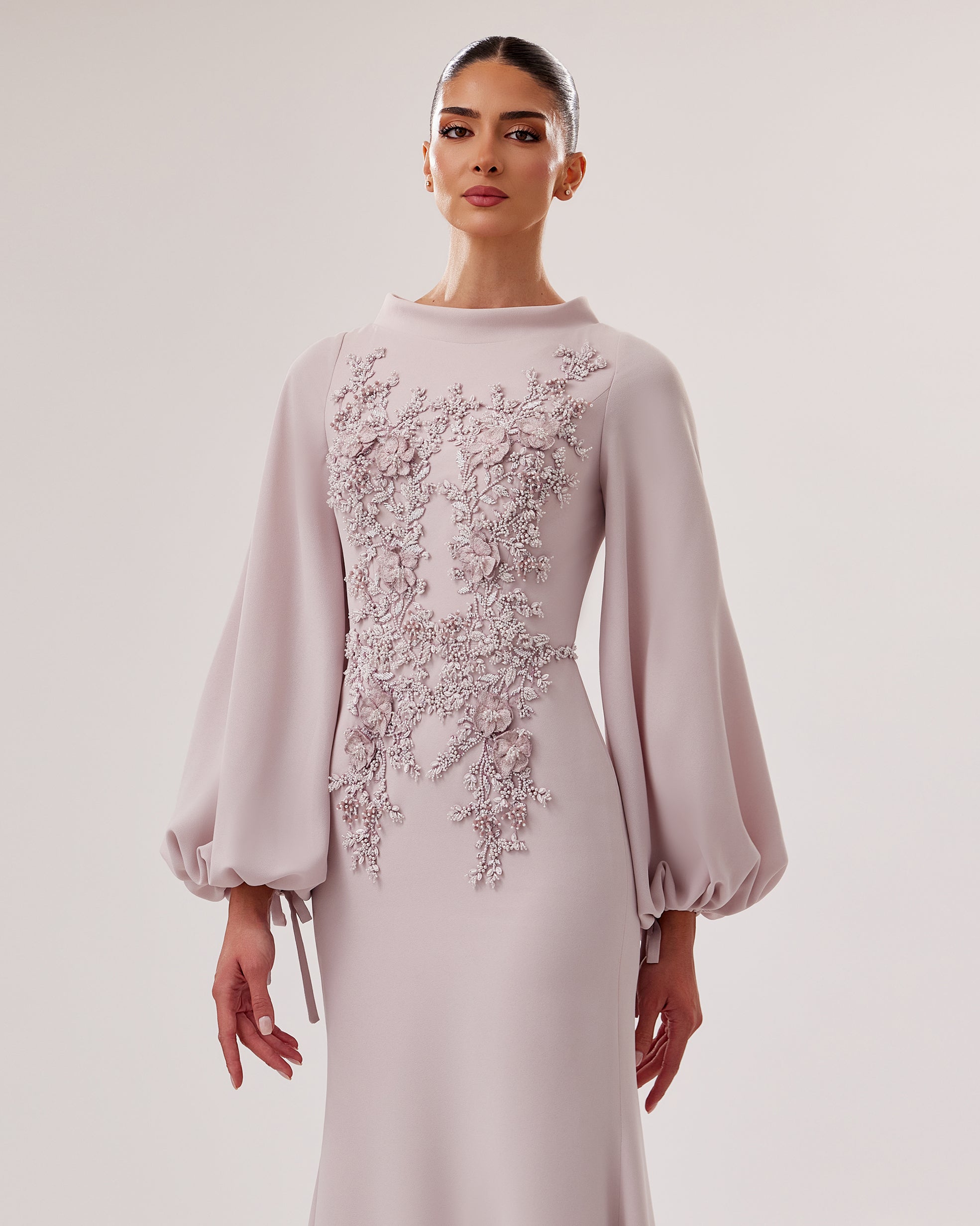 High-Neck Crepe Mermaid Gown with 3D Flowers