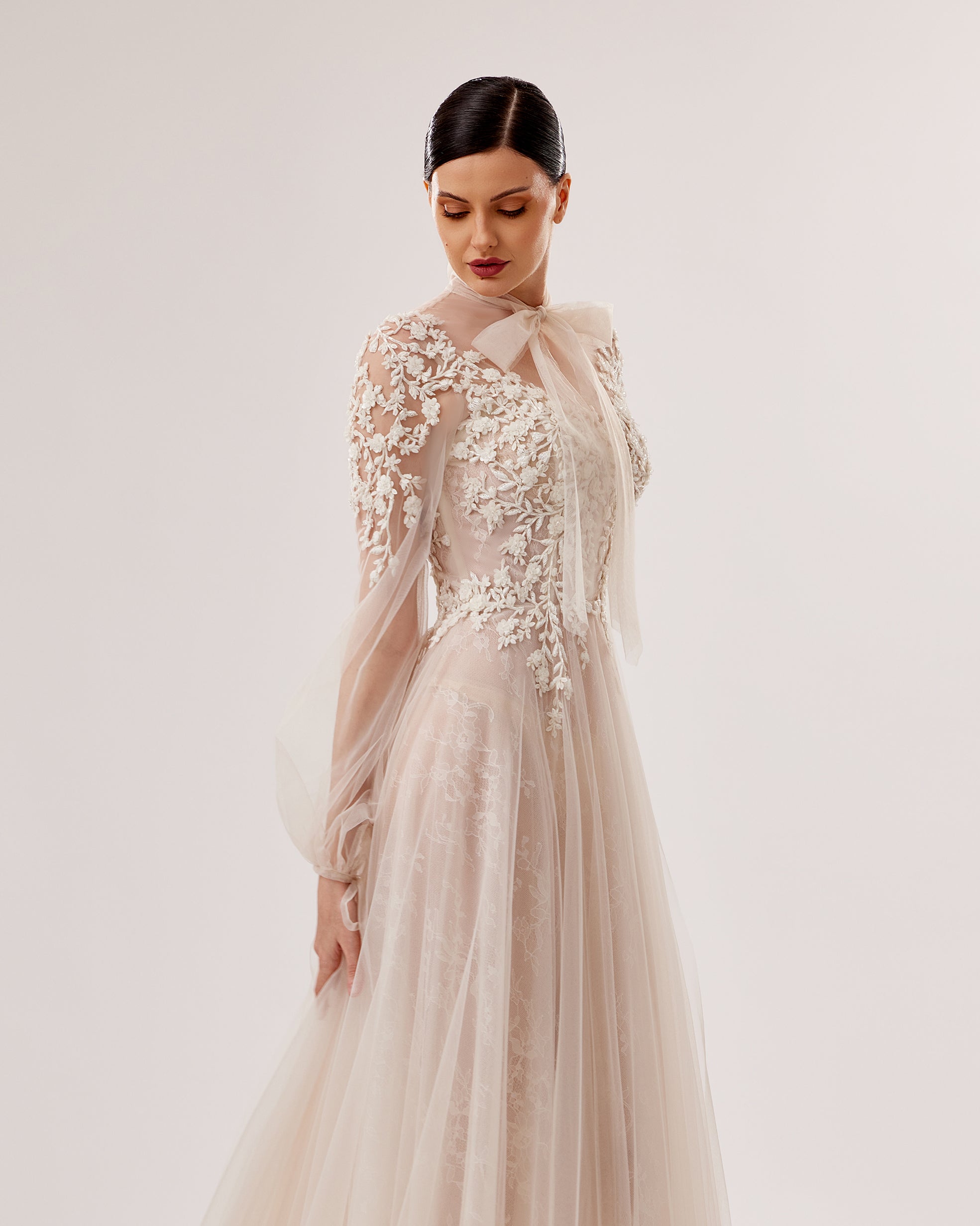 Hand-Embroidered Lace-Under-Tulle Gown with Bow Tie