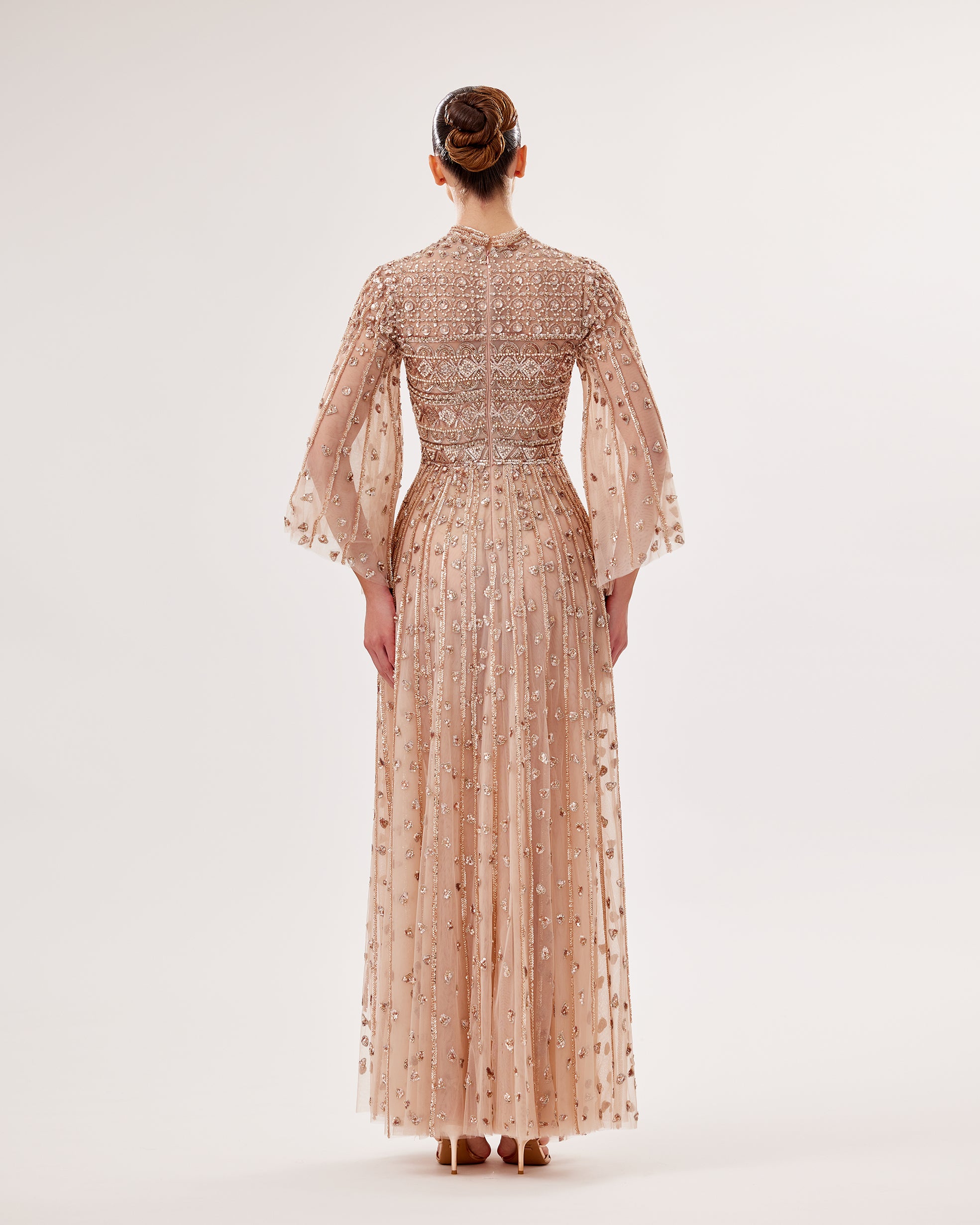 Flowy Embroidered Tulle Gown with Wide Sleeves