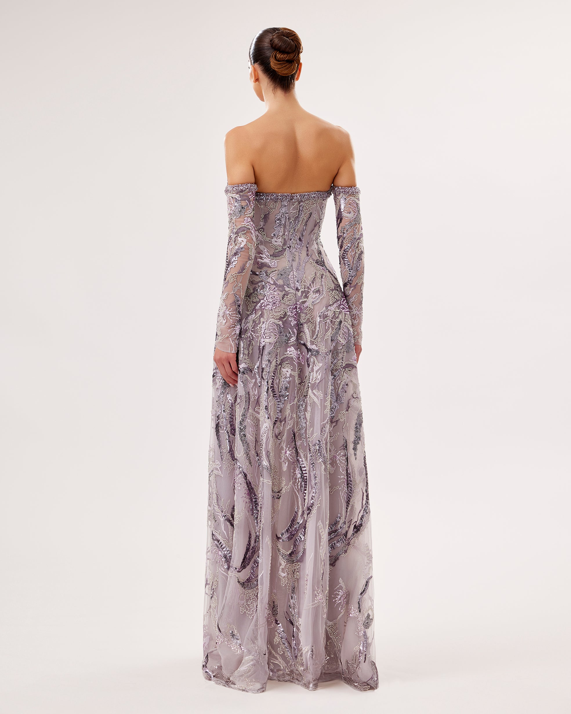 Off-Shoulder Embroidered Gown with Swarovski Details