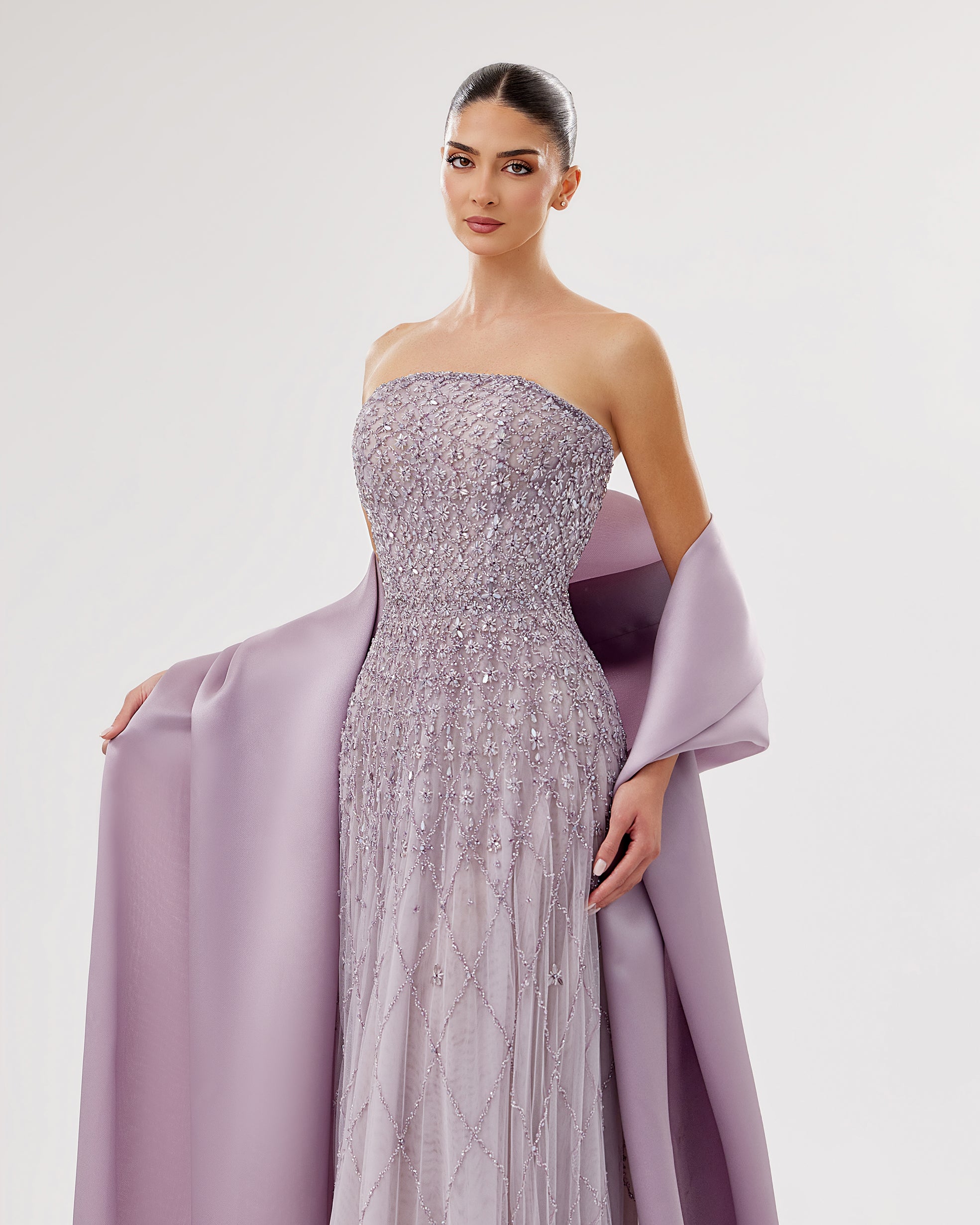 Strapless Embroidered Tulle Gown with Organza Drape