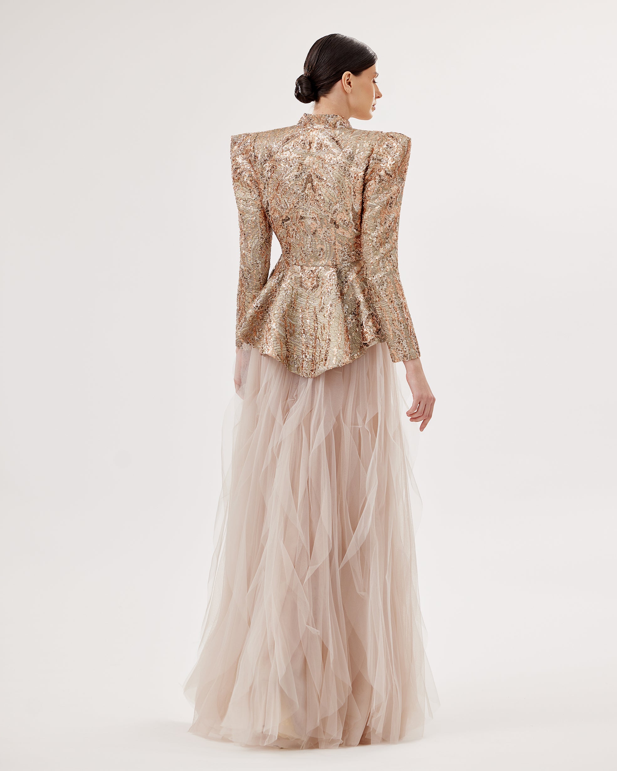 Ruffled Tulle Sweetheart Gown with Embellished Jacket