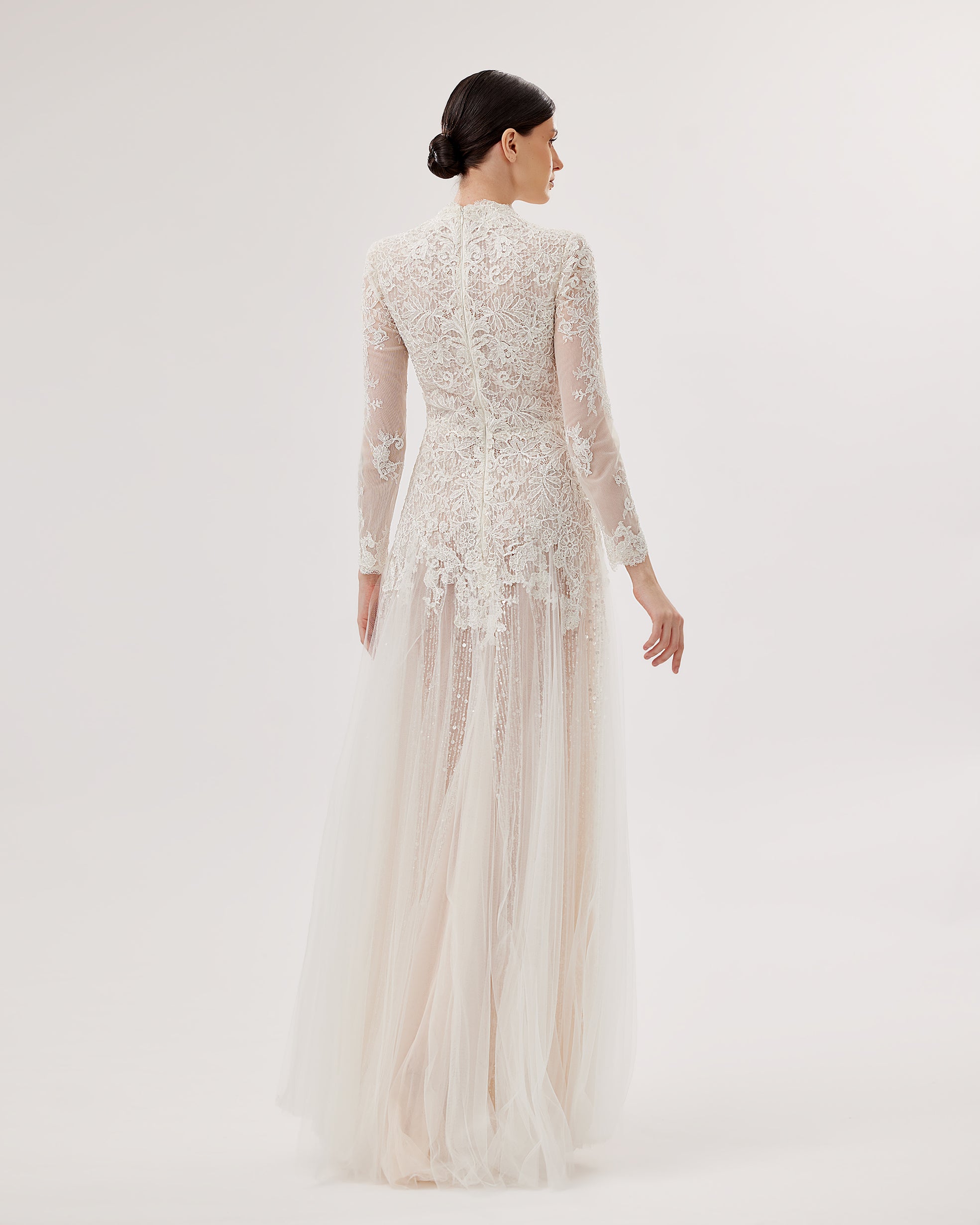 Deep V-Neck Lace & Tulle Gown with Floral Belt