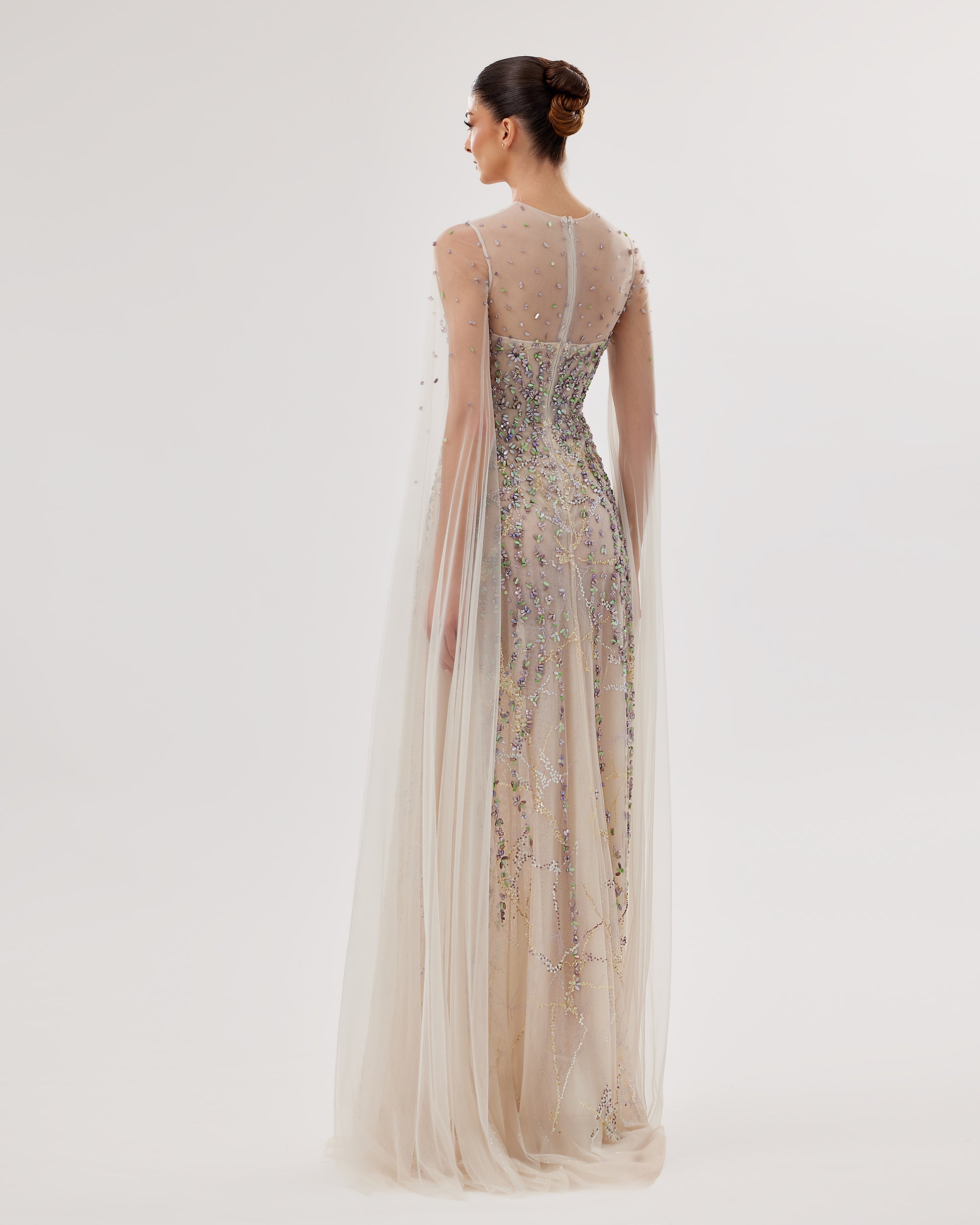 Embellished Tulle Sweetheart Gown with Flowing Sleeves