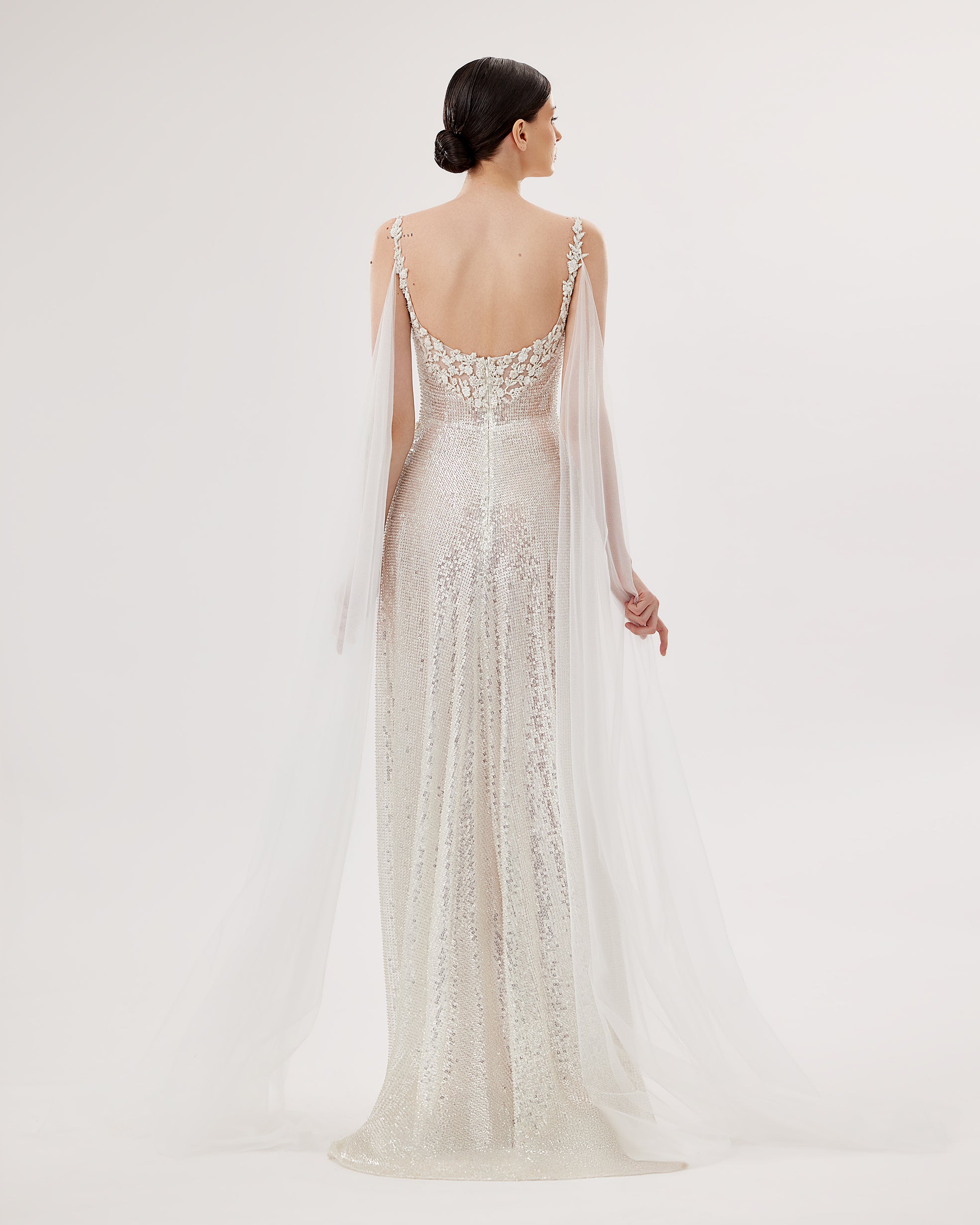 Embroidered Sequin Gown with Draped Strap Details