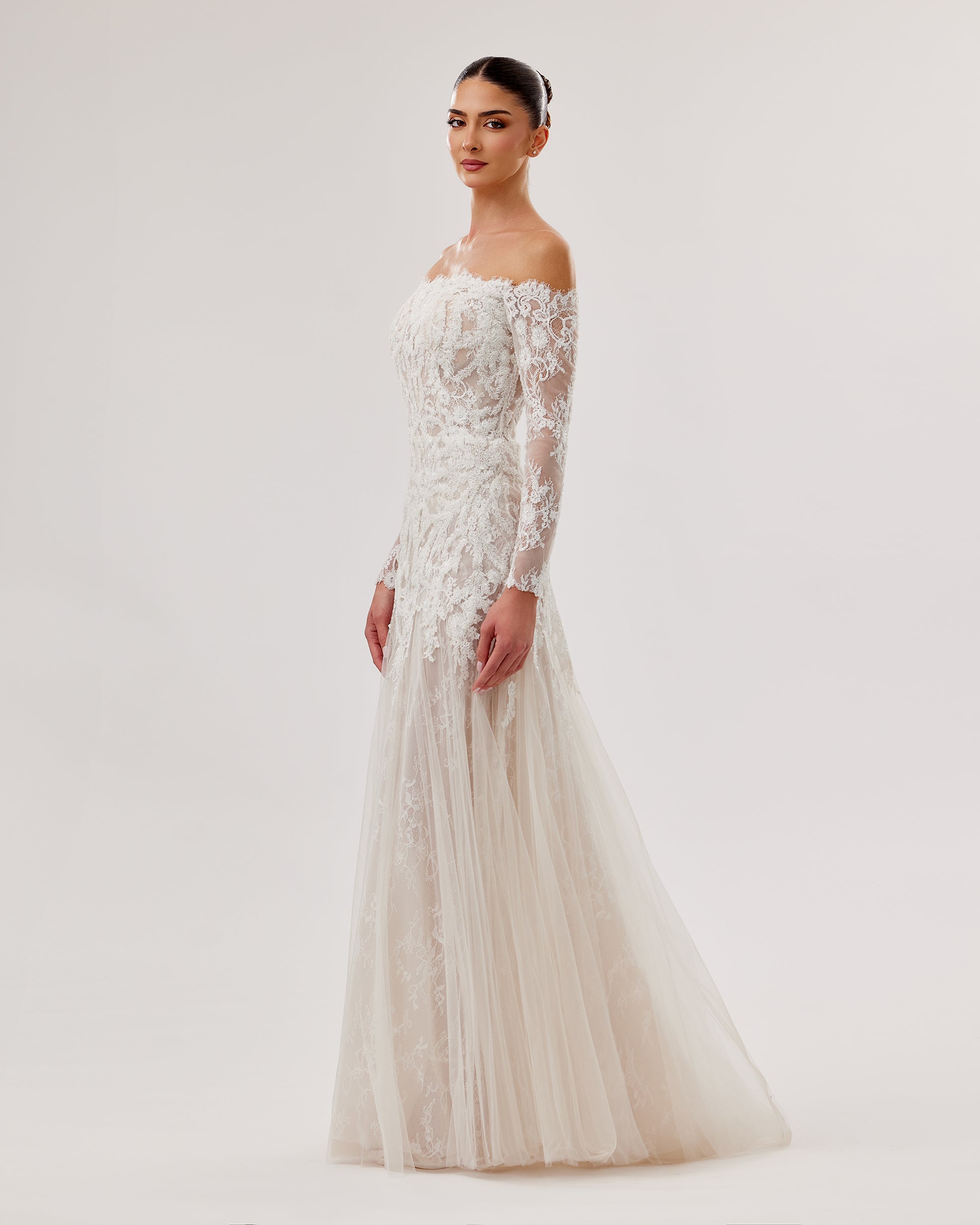 Off-Shoulder Lace Gown with Long Sleeves
