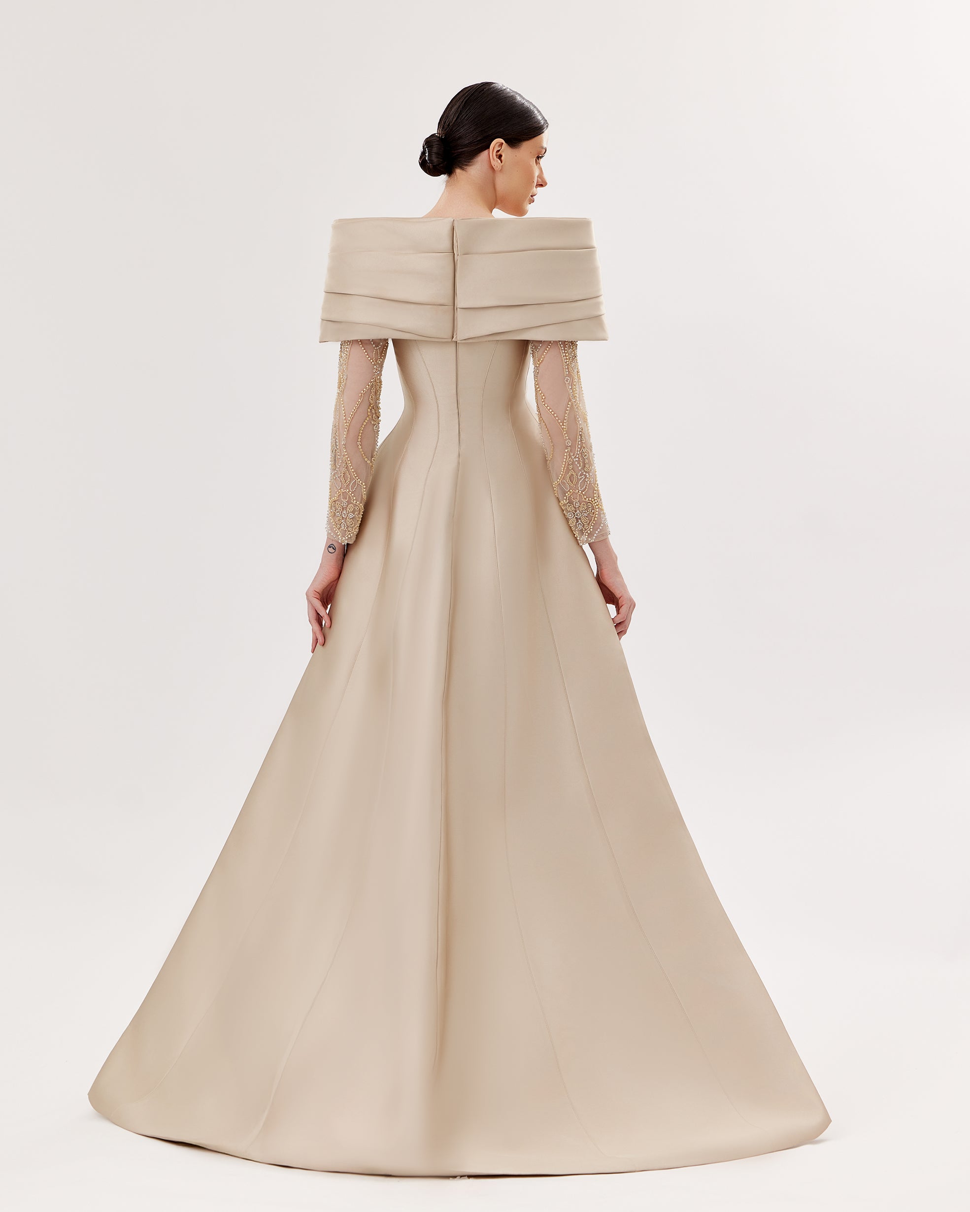 Mikado Off-Shoulder Gown with Embroidered Sleeves