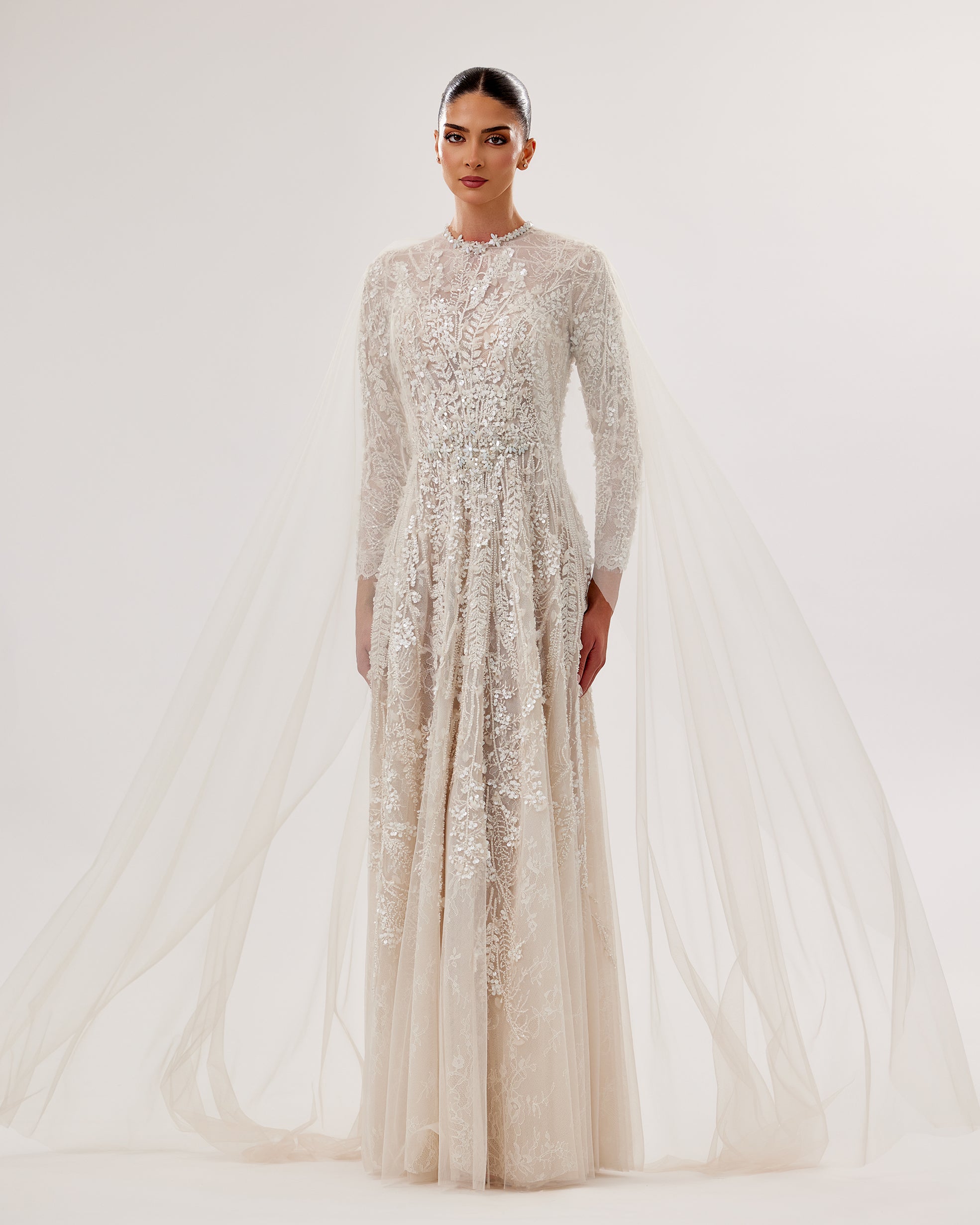 Floral Lace A-Line Gown with Swarovski Belt & Cape