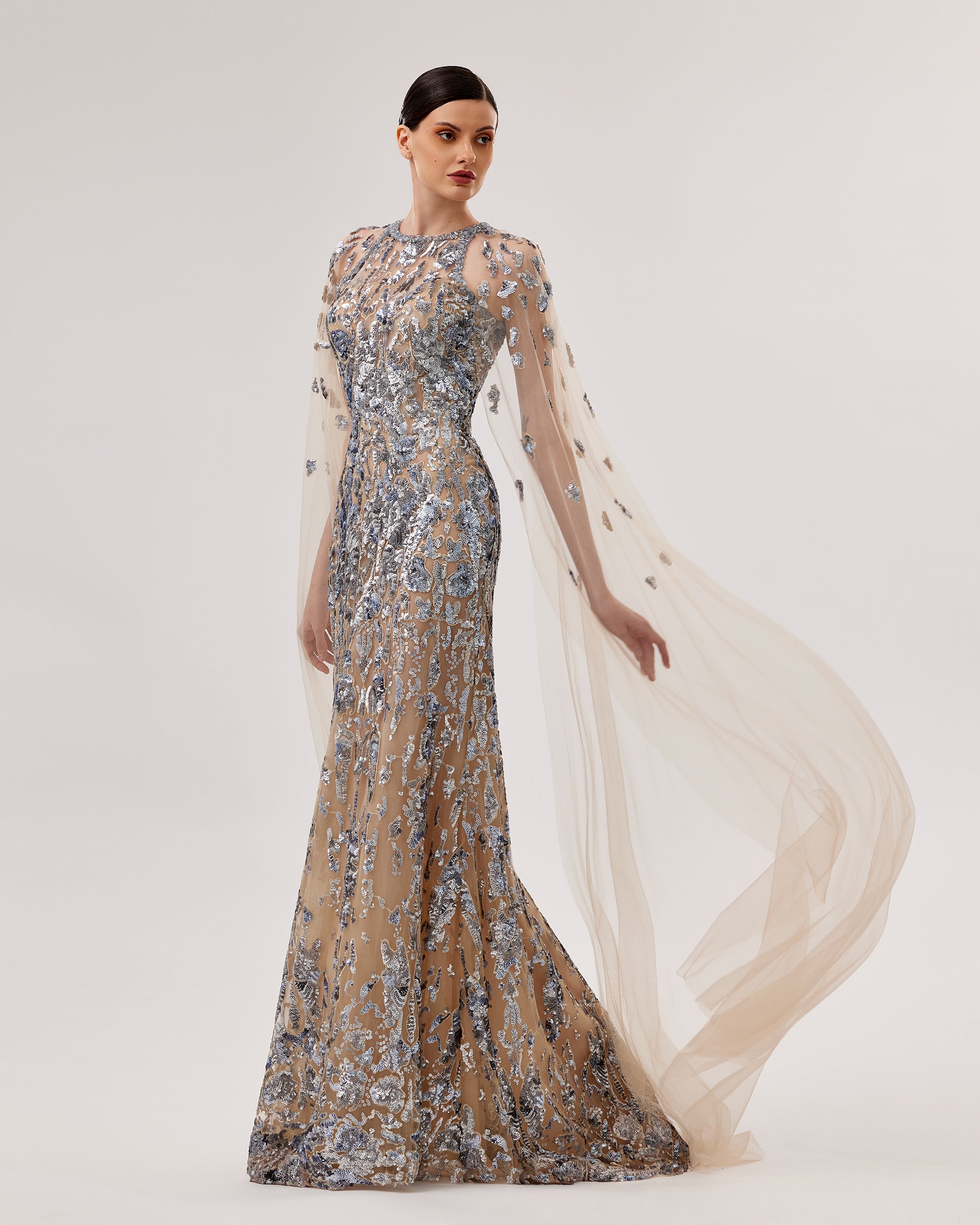 Embroidered Gown with Cape Sleeves