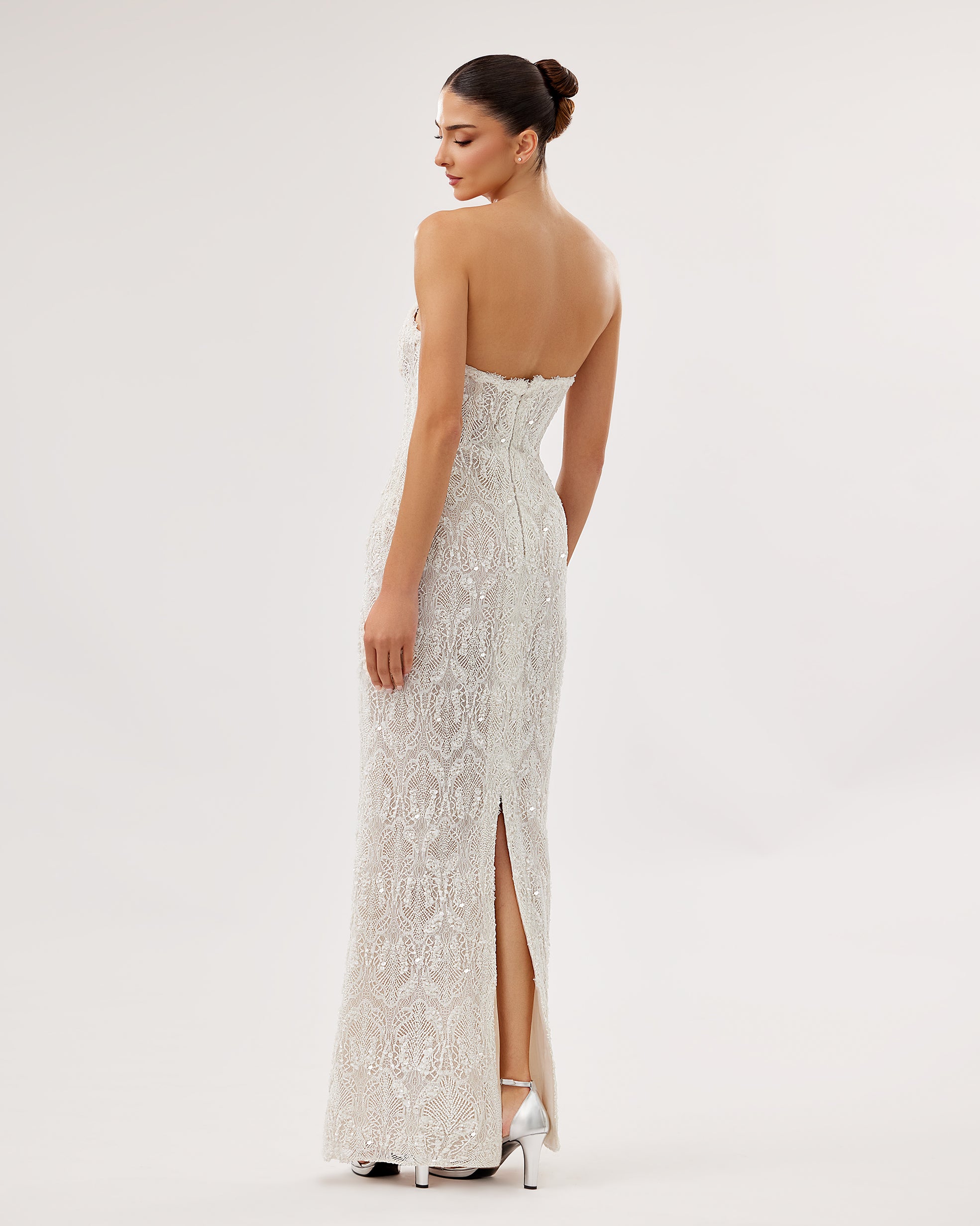 Strapless Lace Gown with Modern Cape Overlay