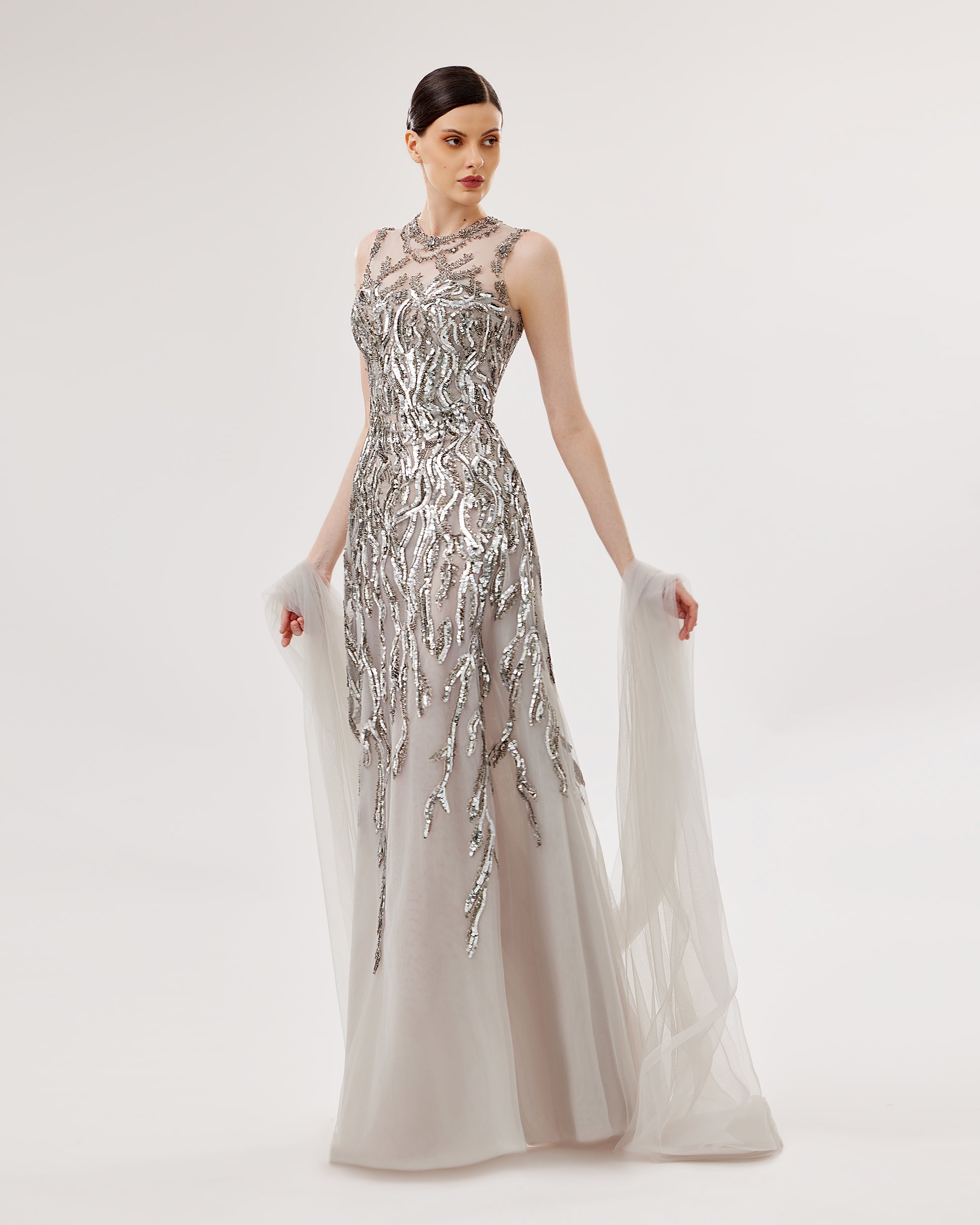 Embroidered Gown with Draped Tulle Panels