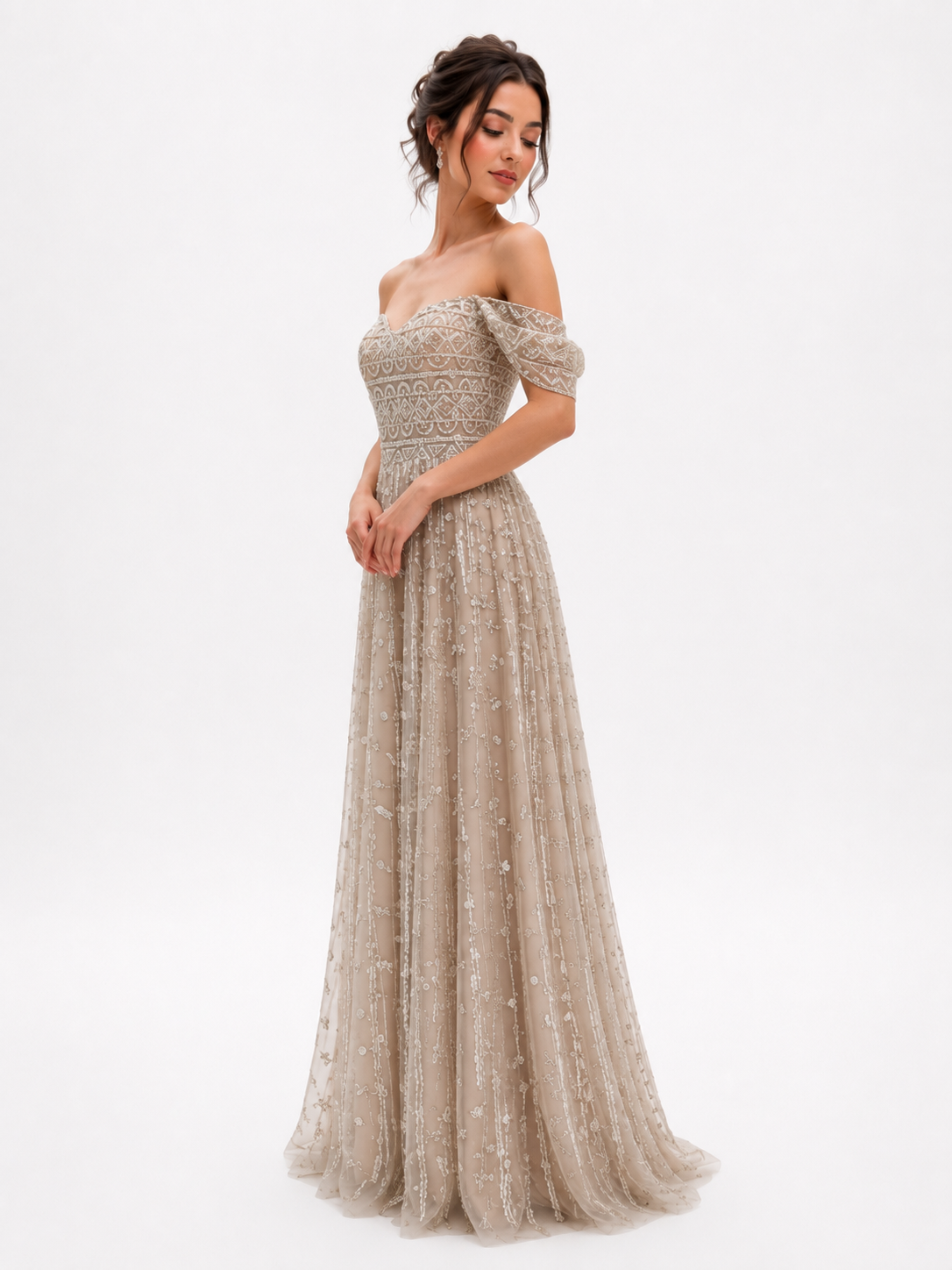 Flowy Embroidered Tulle Gown with Wide Sleeves