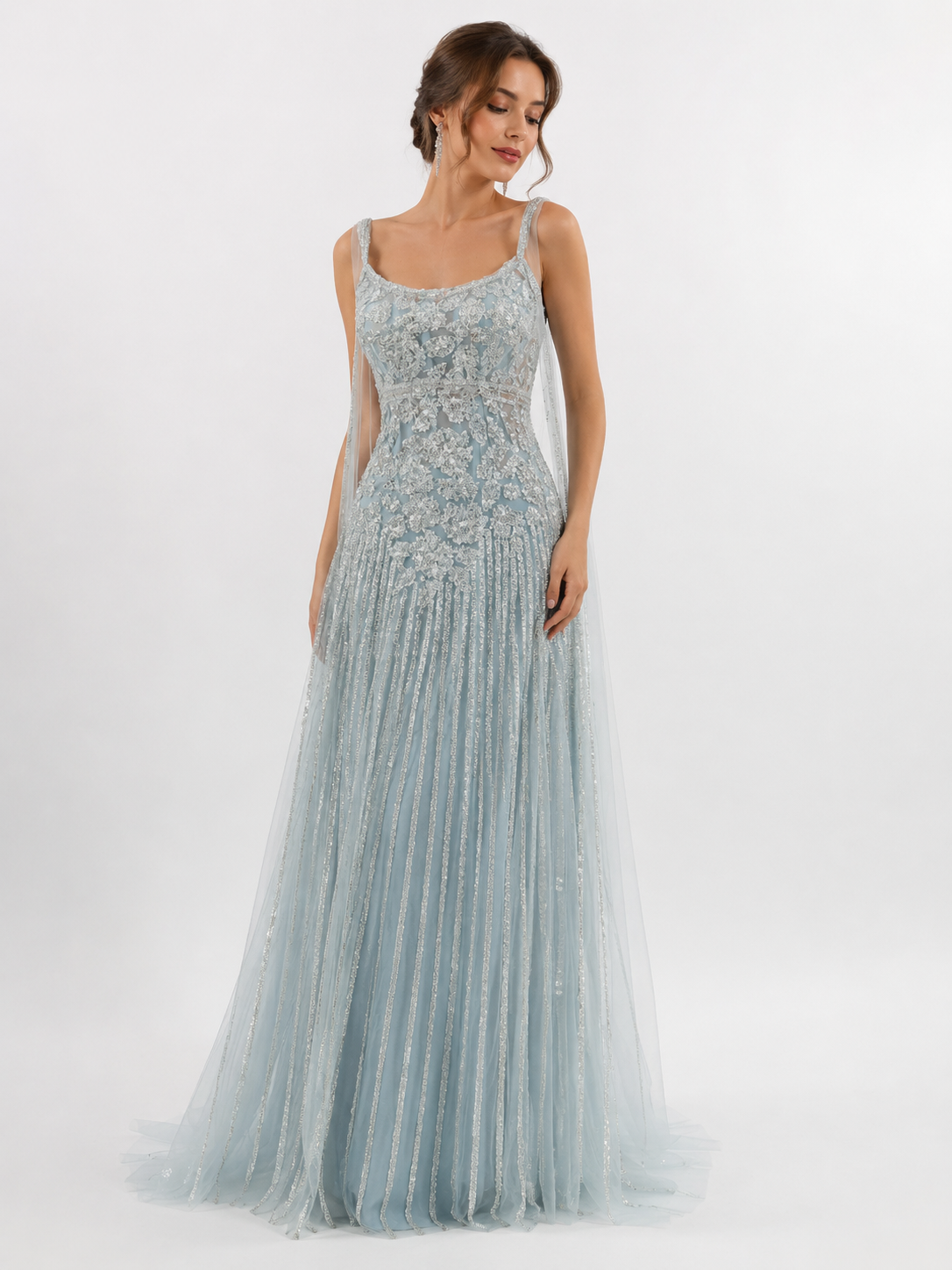 Tulle Sleeveless Gown with Flowing Shoulder Trail