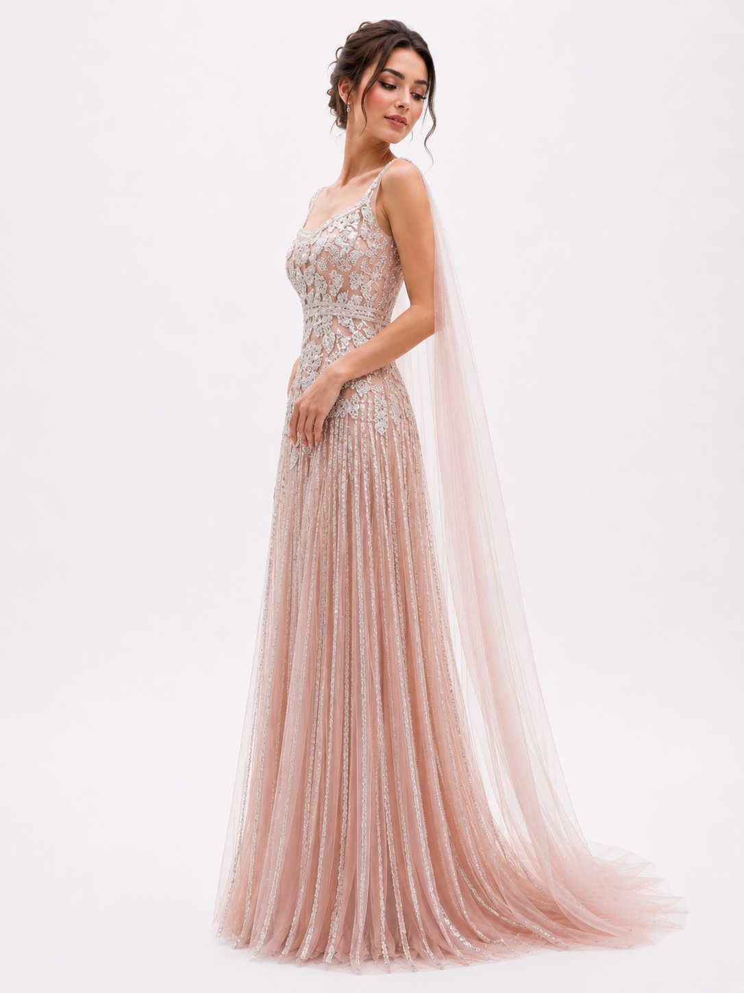 Tulle Sleeveless Gown with Flowing Shoulder Trail