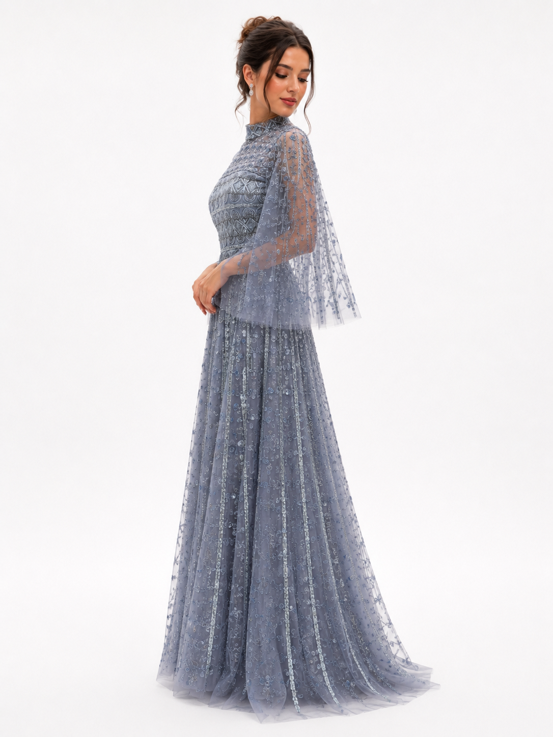 Flowy Embroidered Tulle Gown with Wide Sleeves