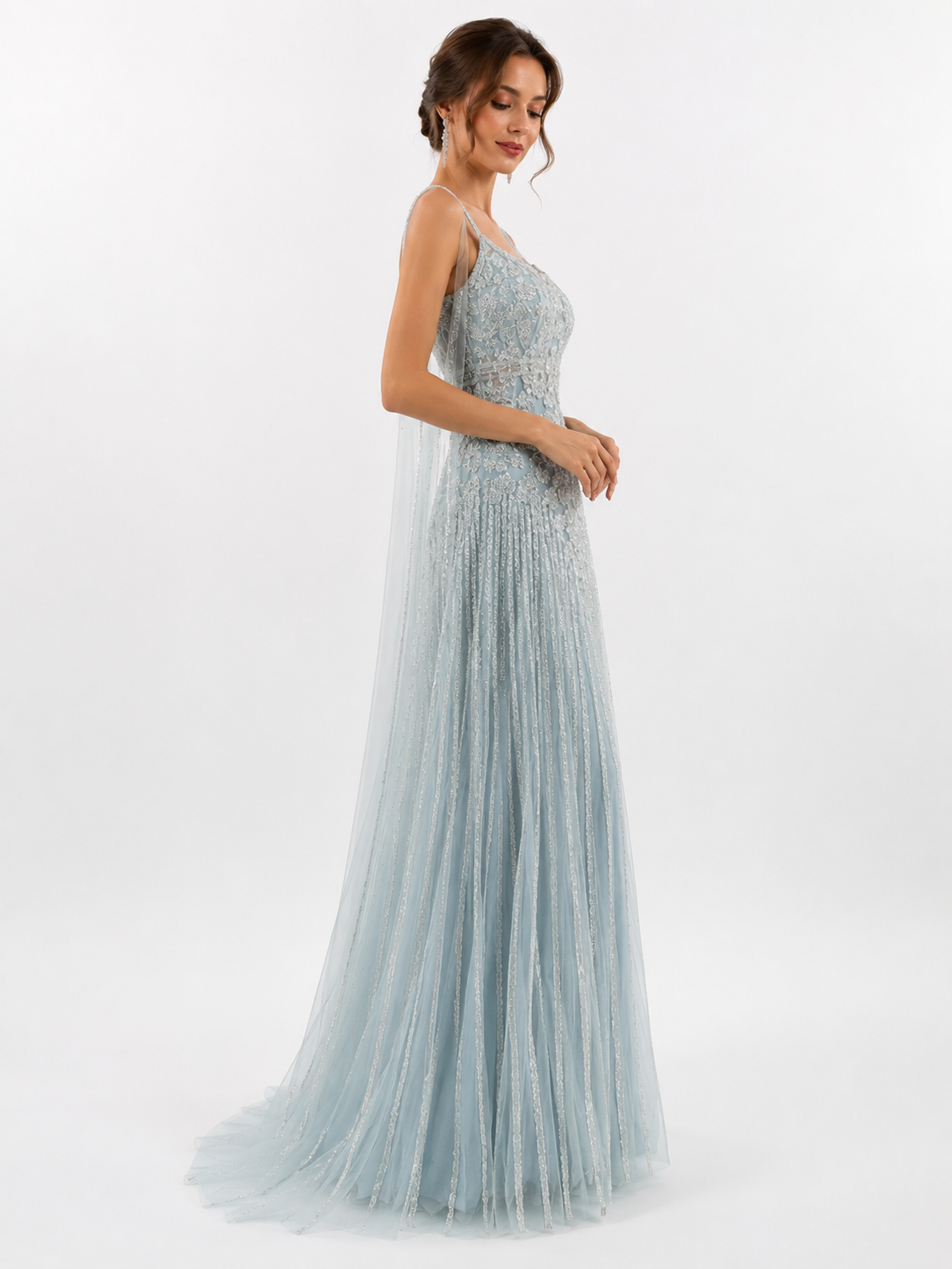 Tulle Sleeveless Gown with Flowing Shoulder Trail