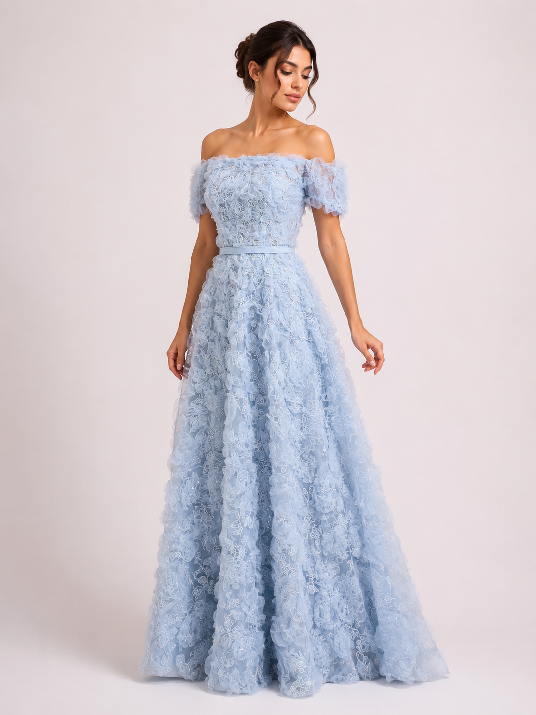 Off-Shoulder Ruffled Tulle Gown