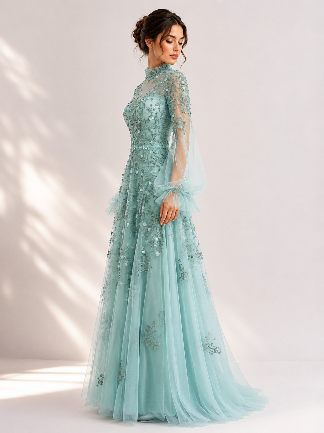 Tulle High-Neck Embroidered Gown