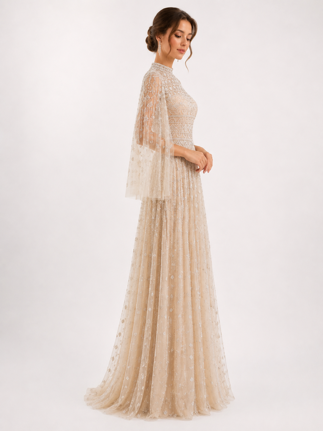 Flowy Embroidered Tulle Gown with Wide Sleeves