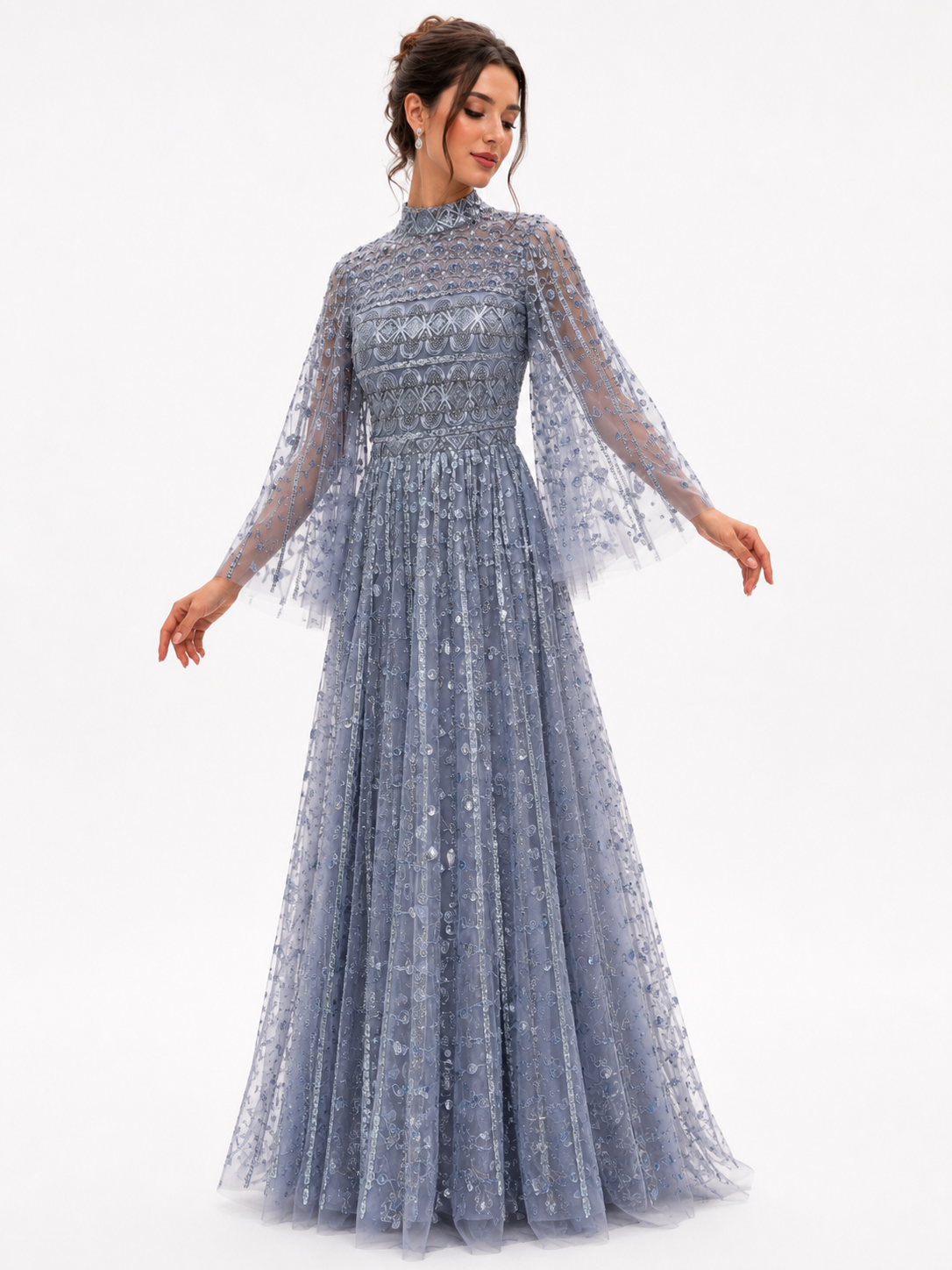 Flowy Embroidered Tulle Gown with Wide Sleeves