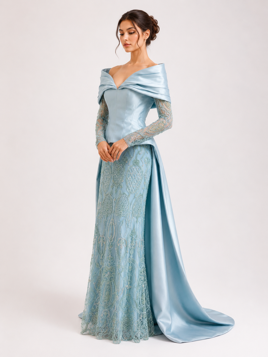 Mikado Off-Shoulder Gown with Embroidered Sleeves