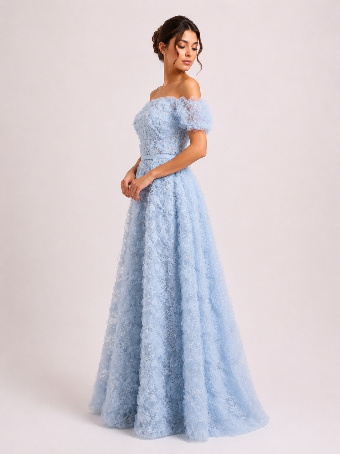 Off-Shoulder Ruffled Tulle Gown