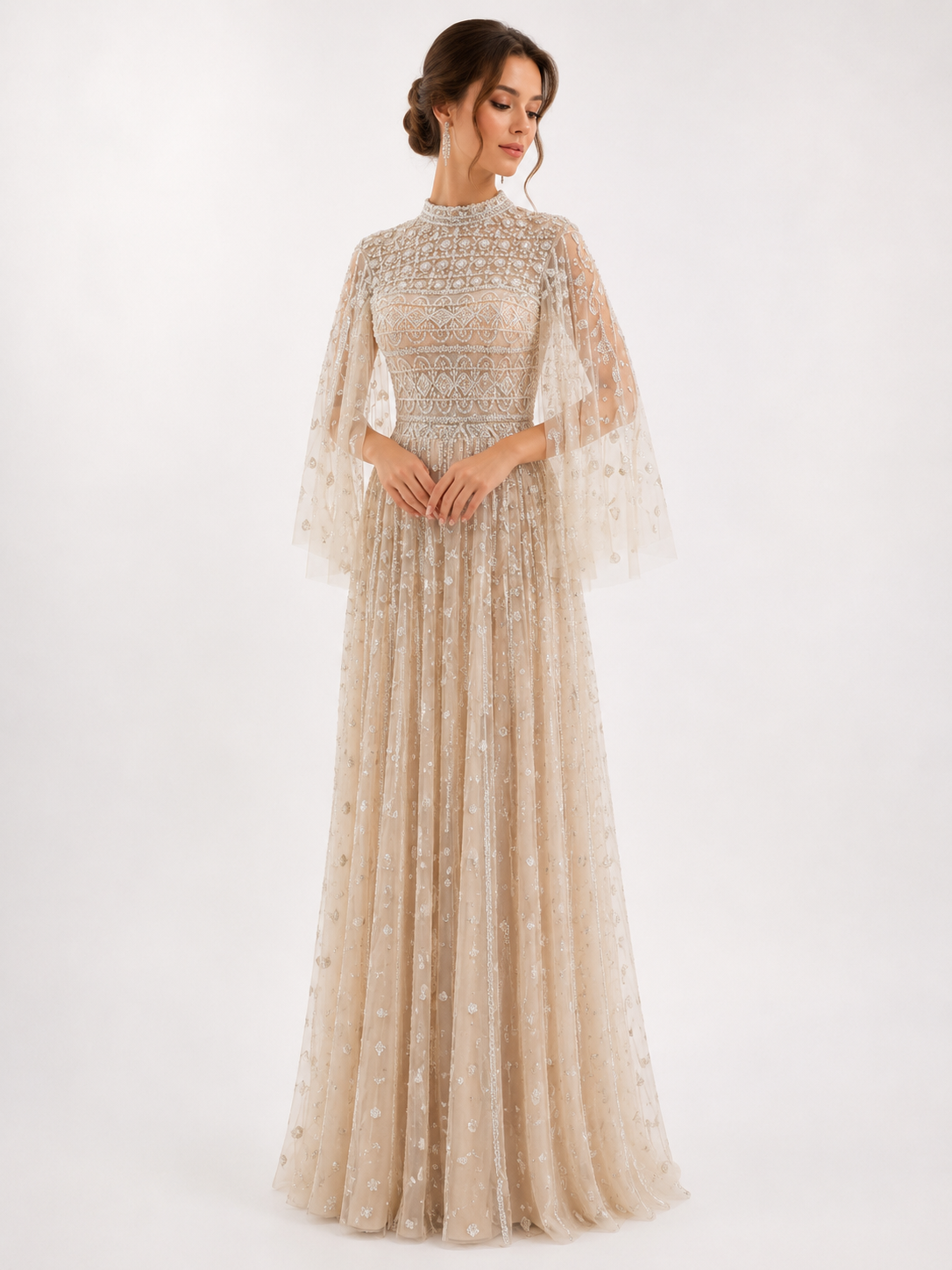 Flowy Embroidered Tulle Gown with Wide Sleeves