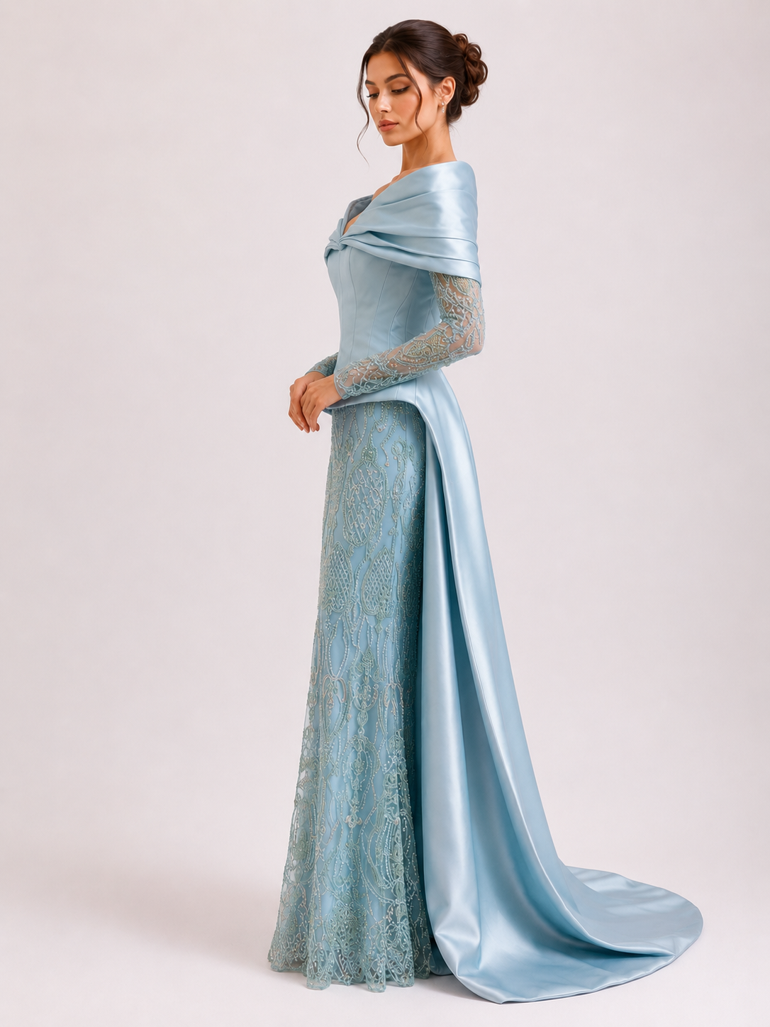 Mikado Off-Shoulder Gown with Embroidered Sleeves