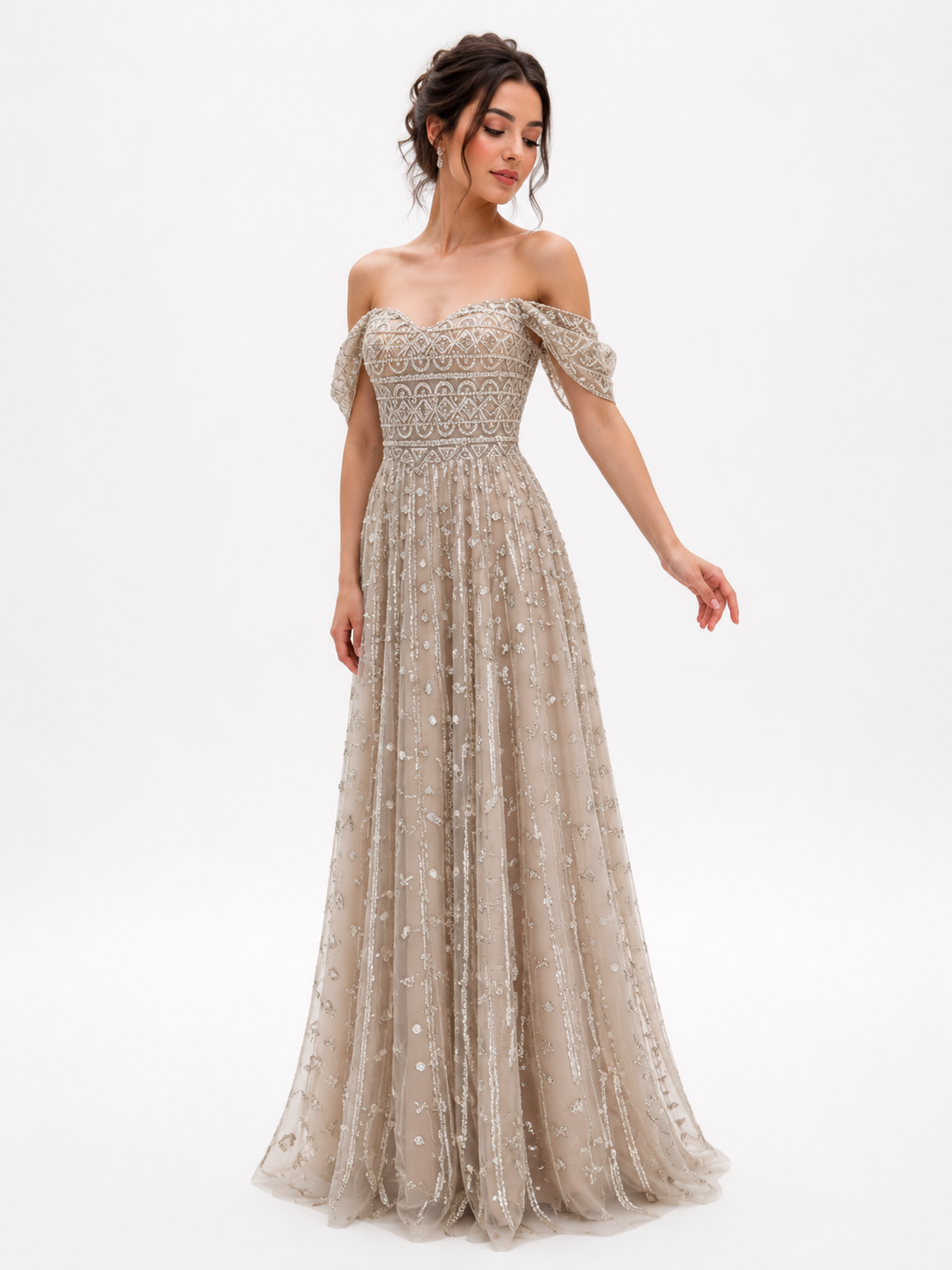 Flowy Embroidered Tulle Gown with Wide Sleeves