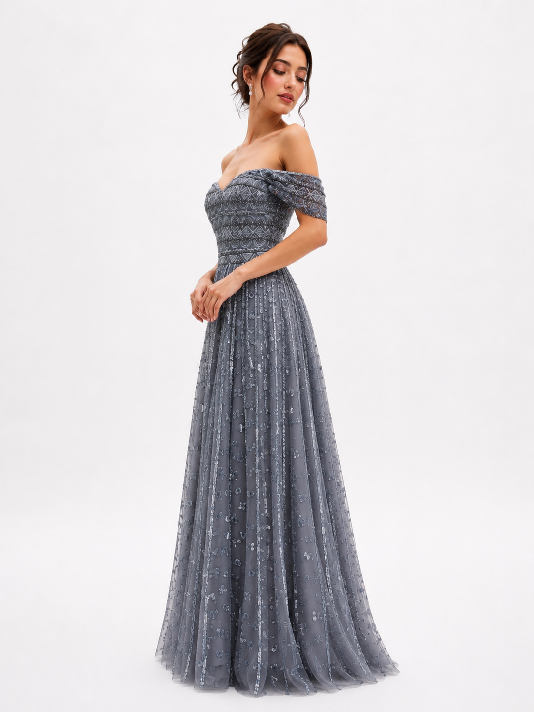 Flowy Embroidered Tulle Gown with Wide Sleeves