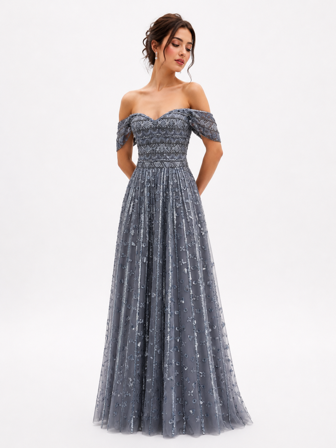 Flowy Embroidered Tulle Gown with Wide Sleeves