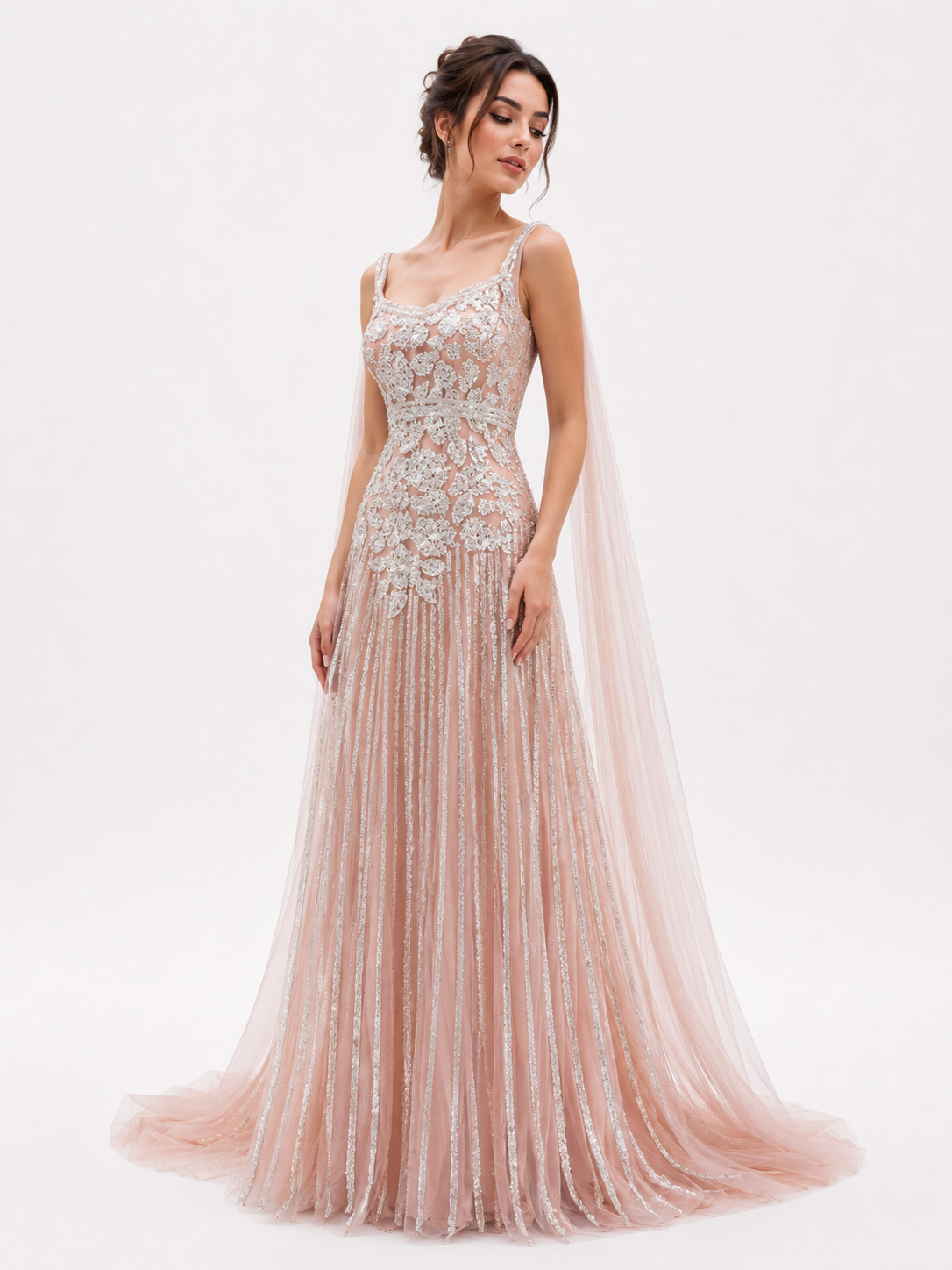 Tulle Sleeveless Gown with Flowing Shoulder Trail